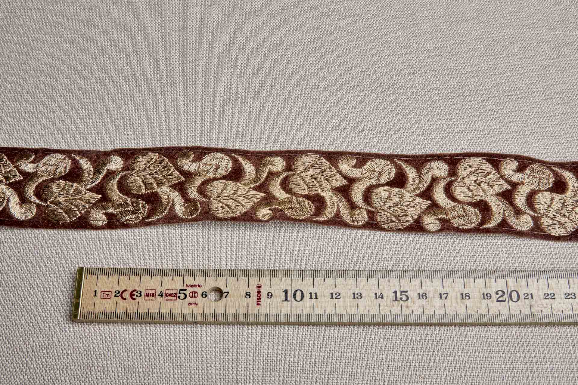 Leaf Trim - Gold Thread on Brown Velvet, image 2 of 7