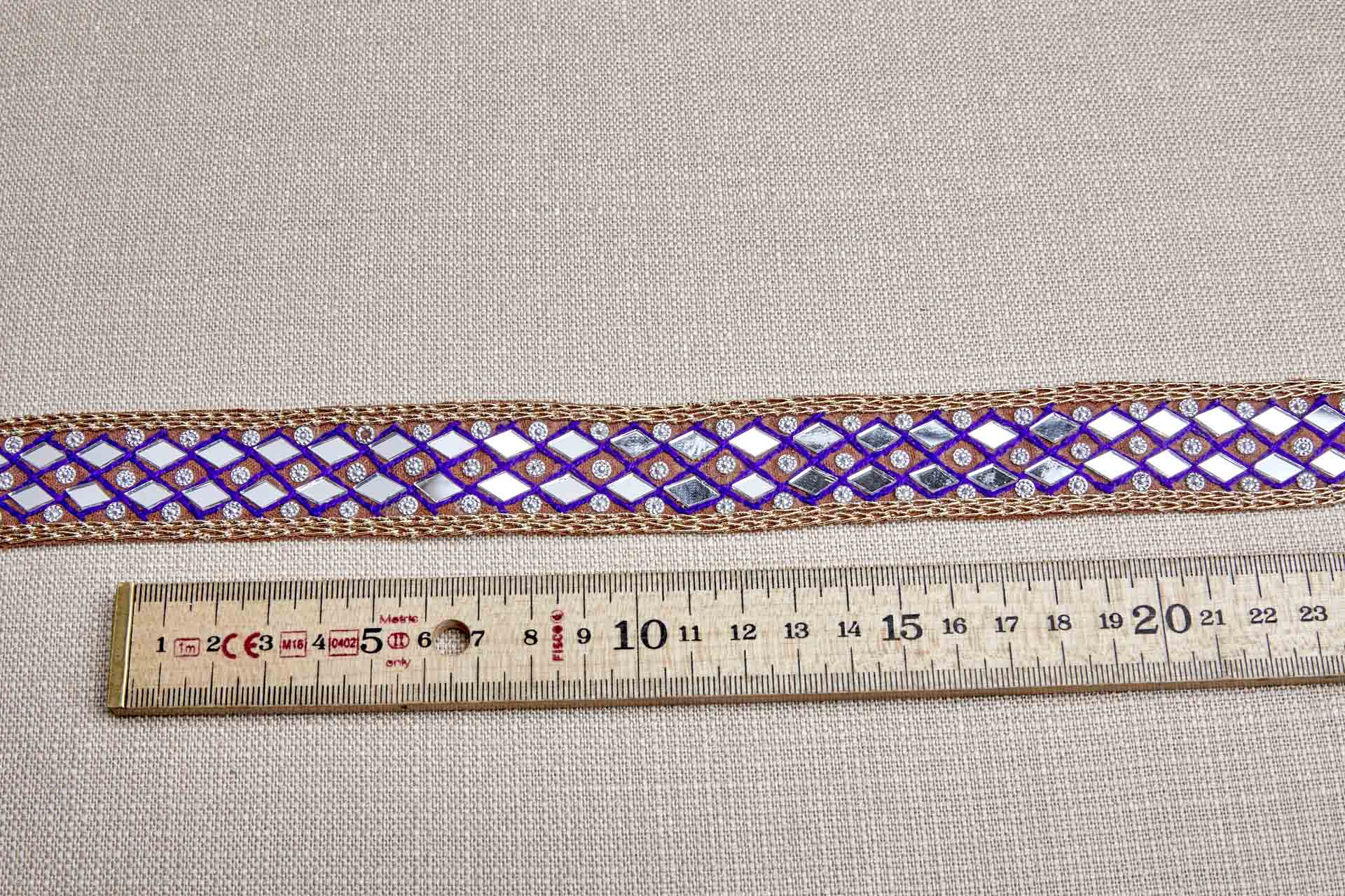 Diamond Cut Mirrors 2 Rows with Purple and Gold Thread on Brown trim, image 3 of 7