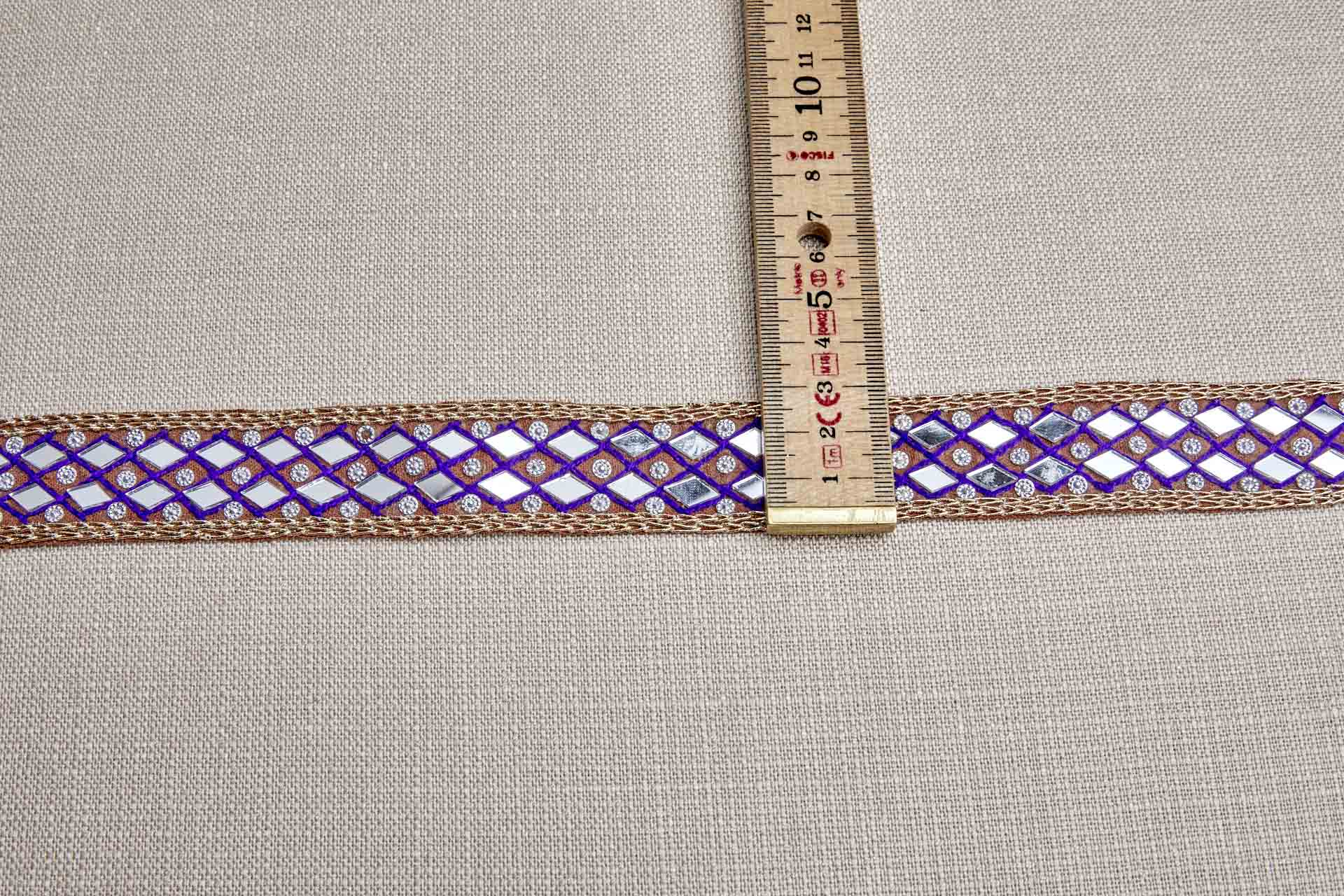 Diamond Cut Mirrors 2 Rows with Purple and Gold Thread on Brown trim, image 4 of 7