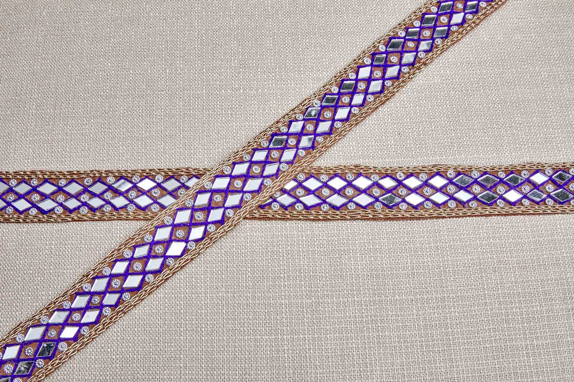 Diamond Cut Mirrors 2 Rows with Purple and Gold Thread on Brown trim