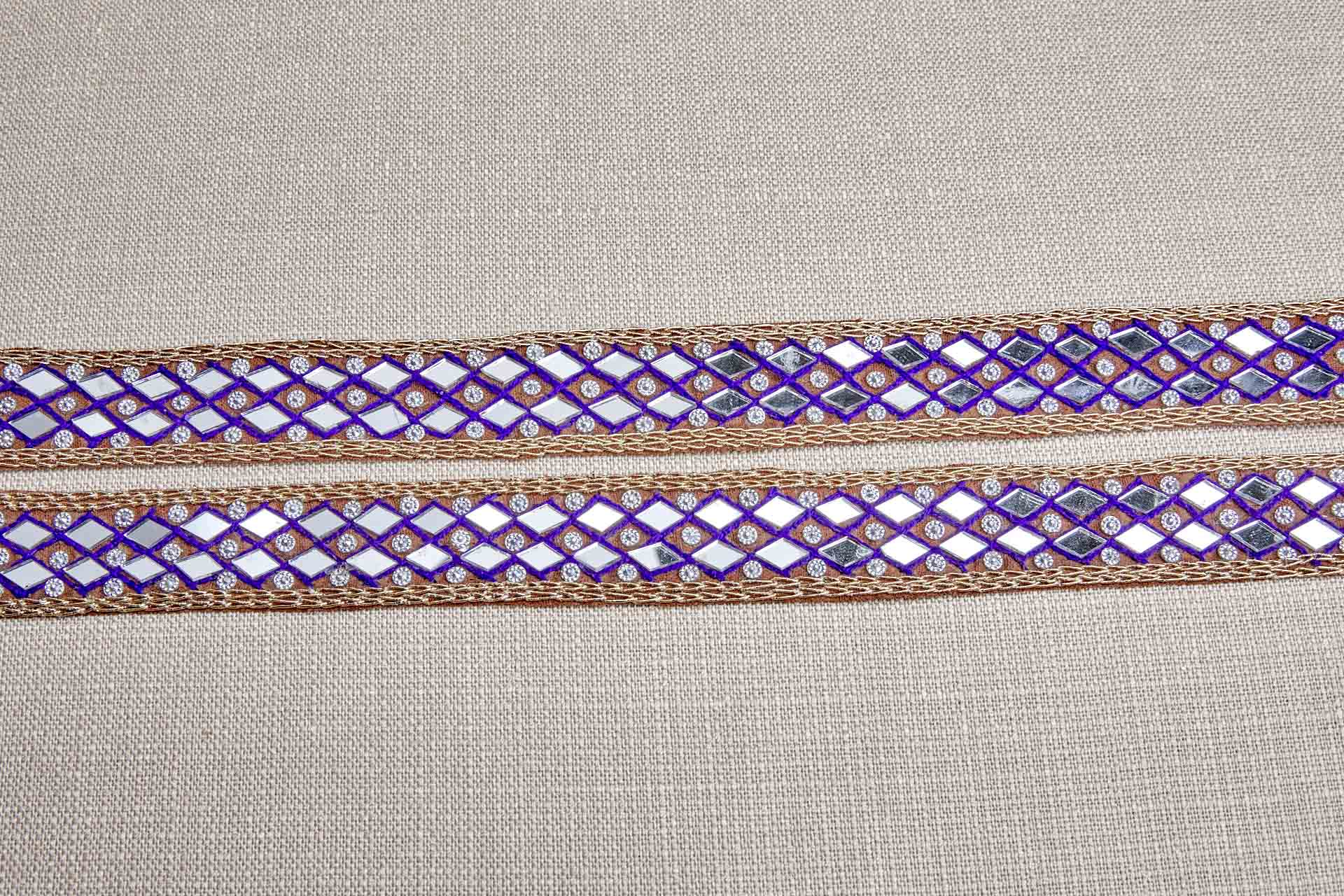 Diamond Cut Mirrors 2 Rows with Purple and Gold Thread on Brown trim, image 5 of 7