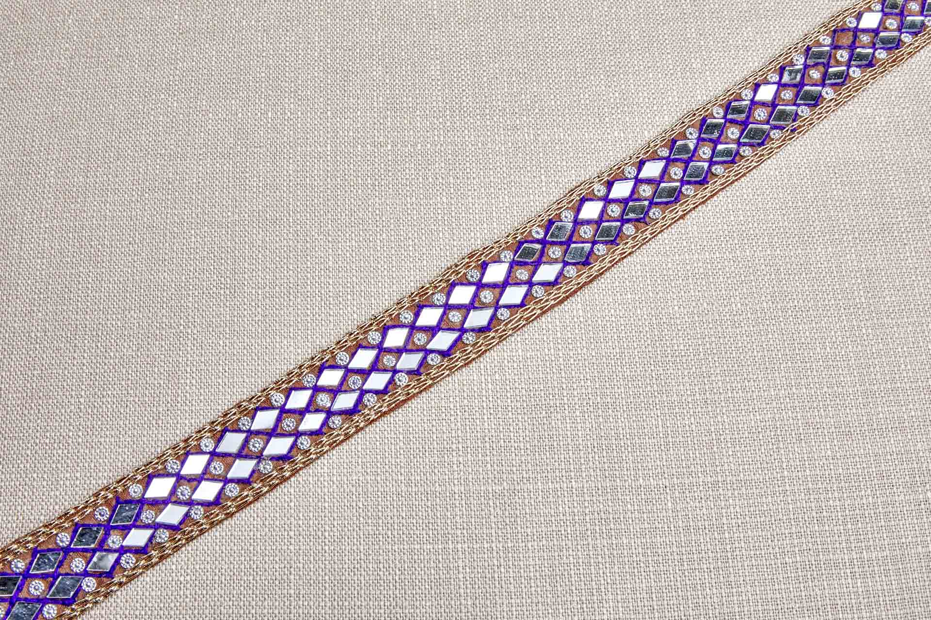 Diamond Cut Mirrors 2 Rows with Purple and Gold Thread on Brown trim, image 6 of 7