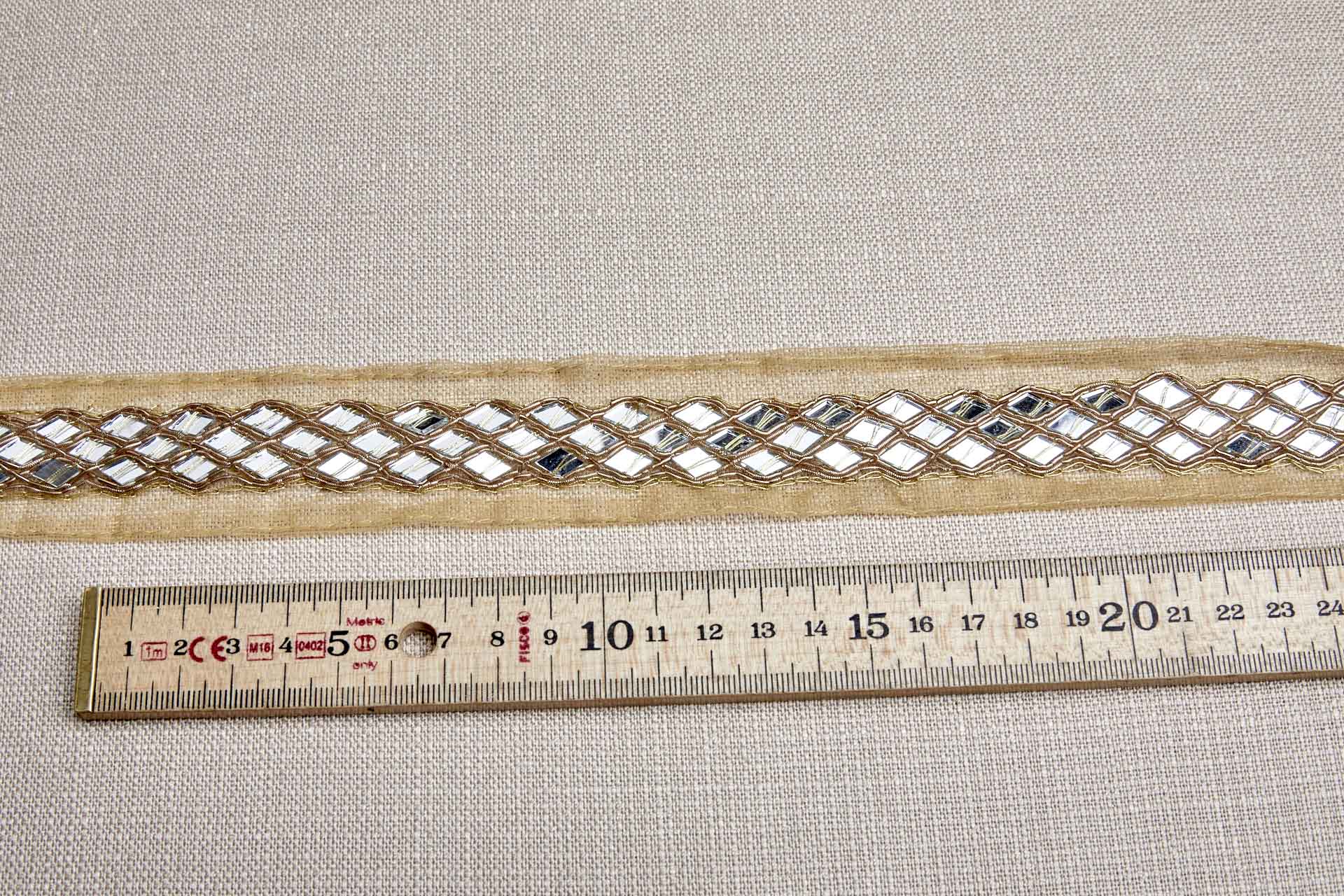 Diamond Cut Mirrors with Gold Thread on Pale Yellow Tulle trim, image 2 of 6