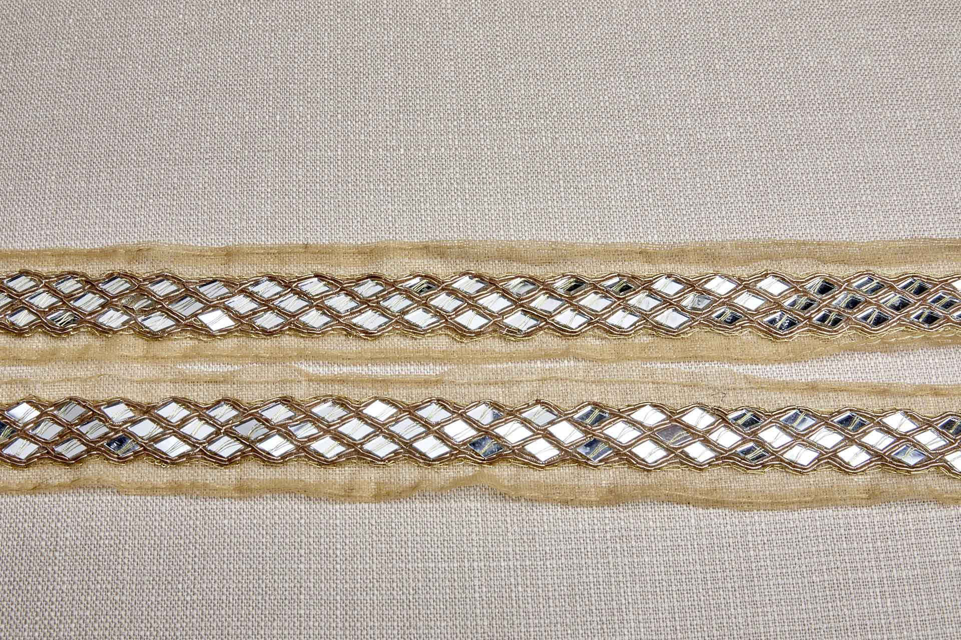 Diamond Cut Mirrors with Gold Thread on Pale Yellow Tulle trim, image 4 of 6
