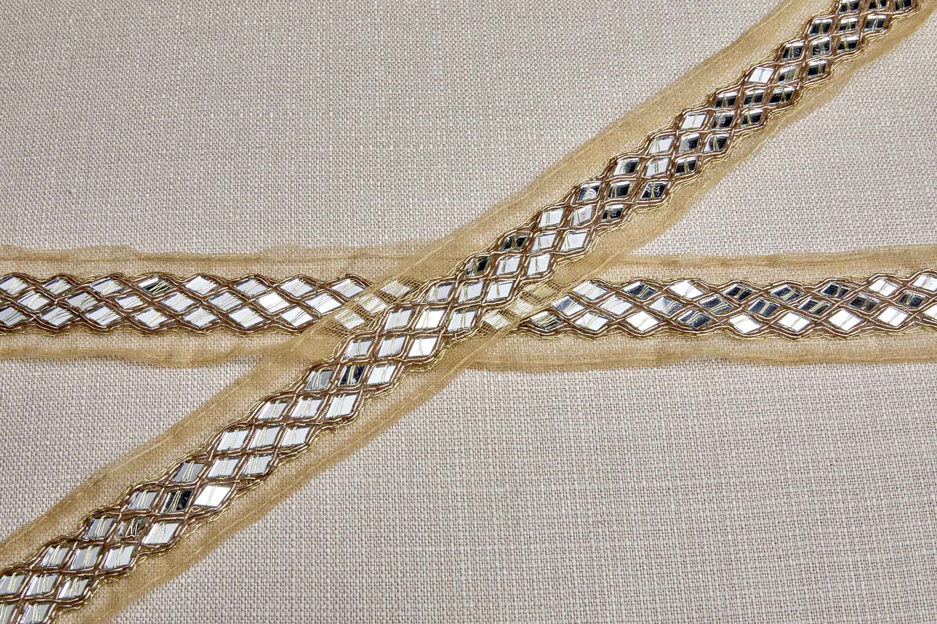 Diamond Cut Mirrors with Gold Thread on Pale Yellow Tulle trim