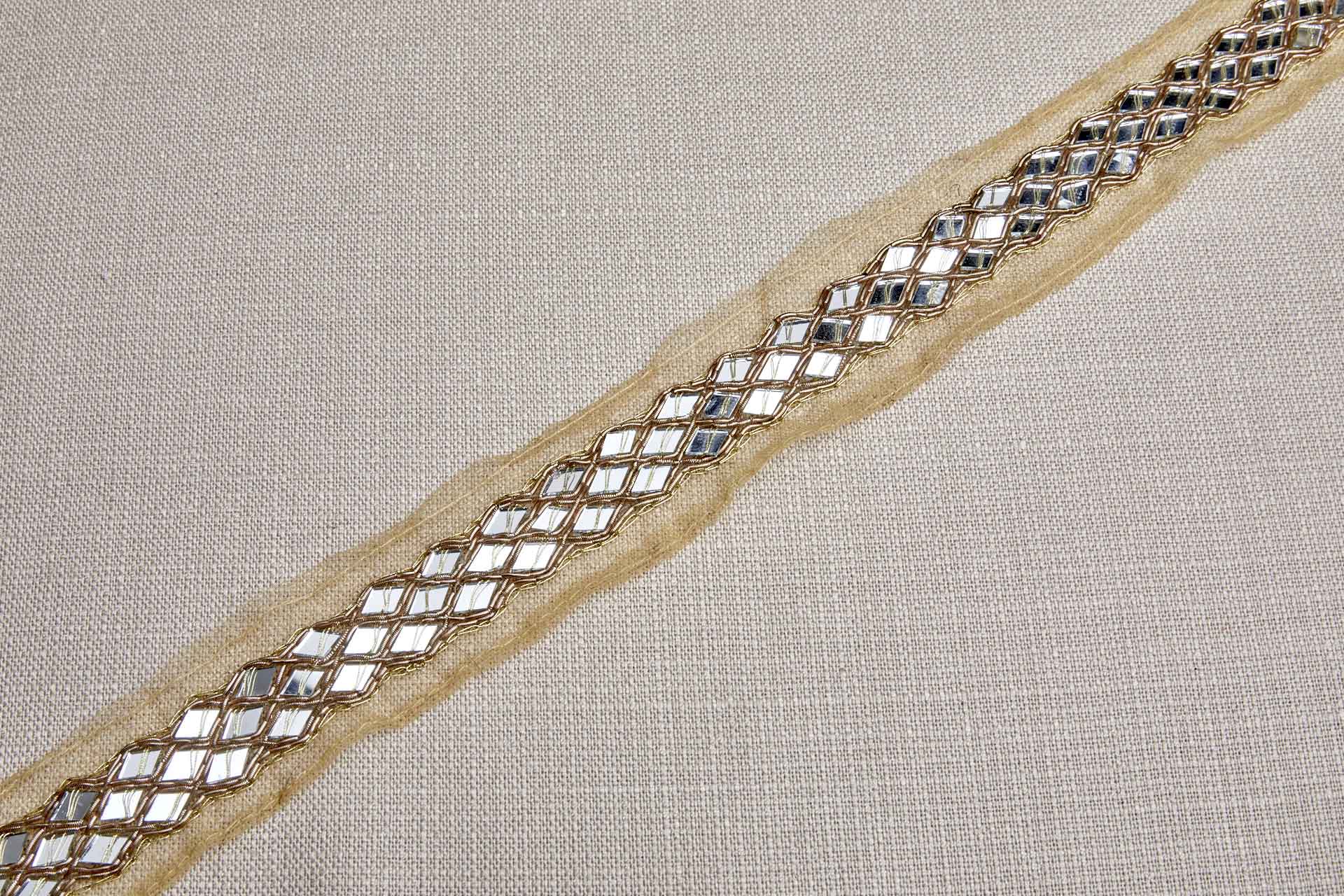 Diamond Cut Mirrors with Gold Thread on Pale Yellow Tulle trim, image 5 of 6