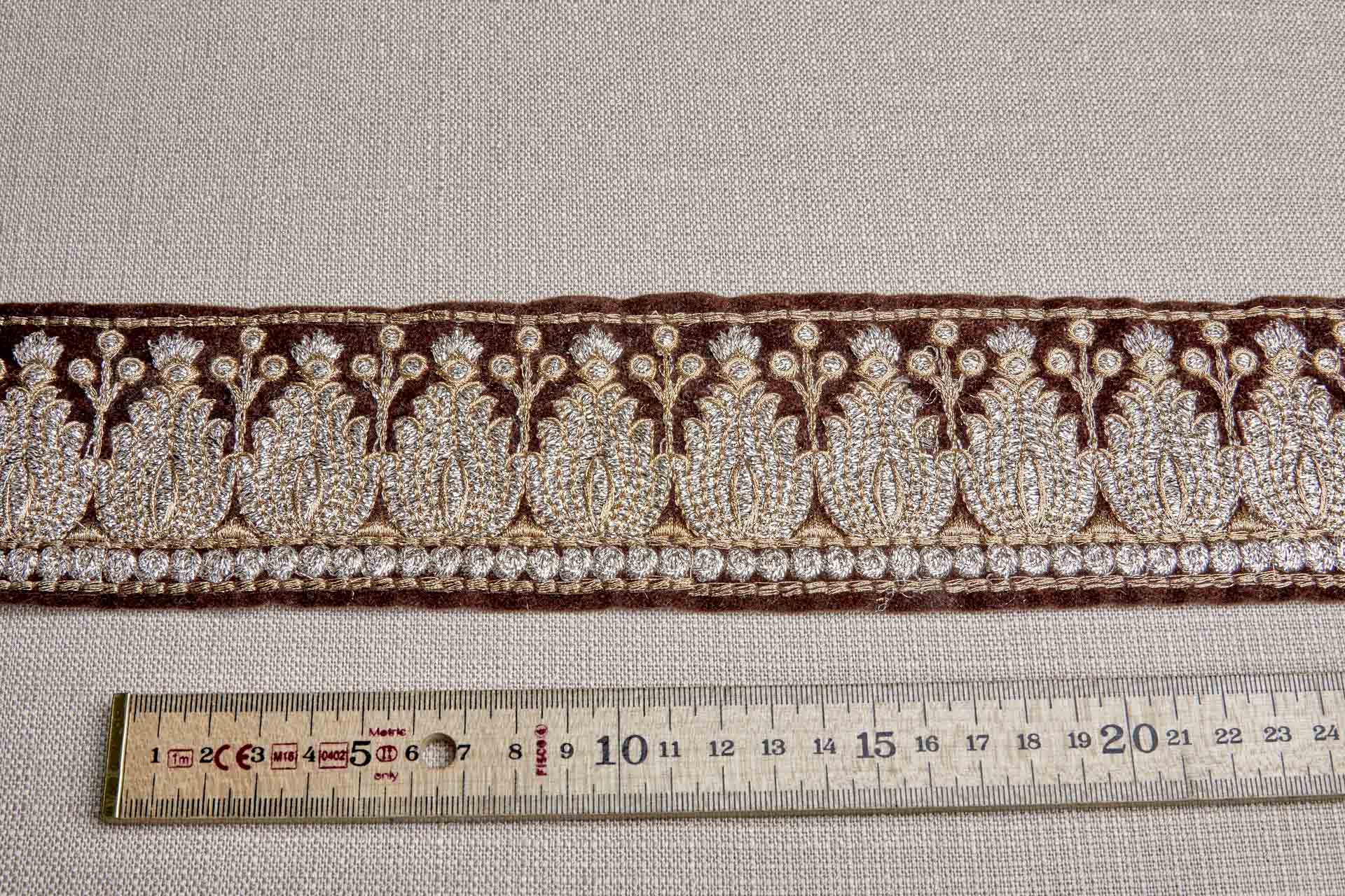 Pale Gold with Antique Gold Embroidery Trim on Brown Velvet, image 3 of 8
