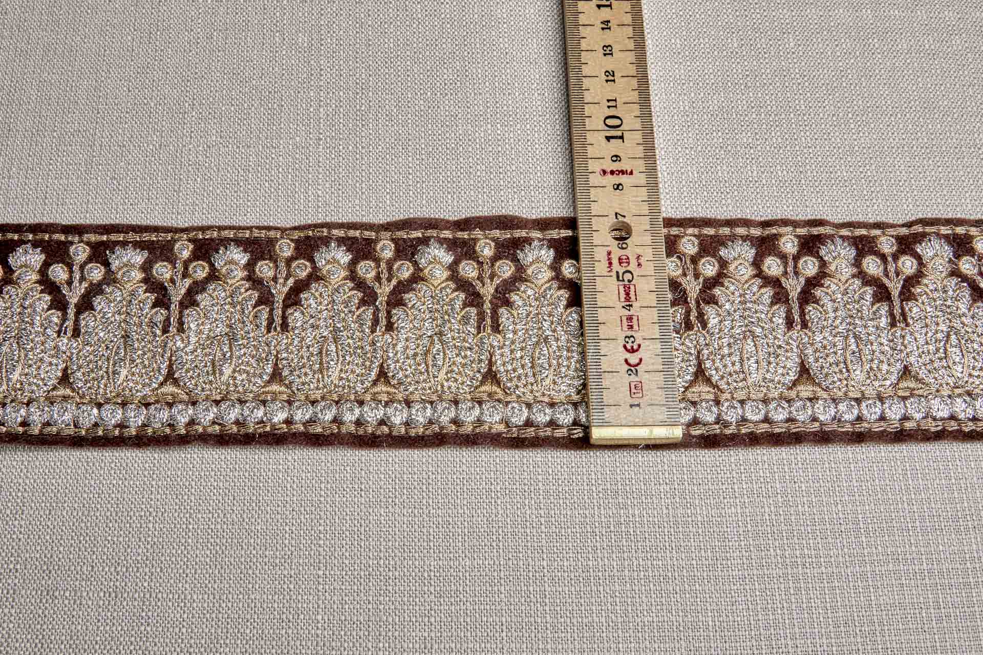 Pale Gold with Antique Gold Embroidery Trim on Brown Velvet, image 4 of 8