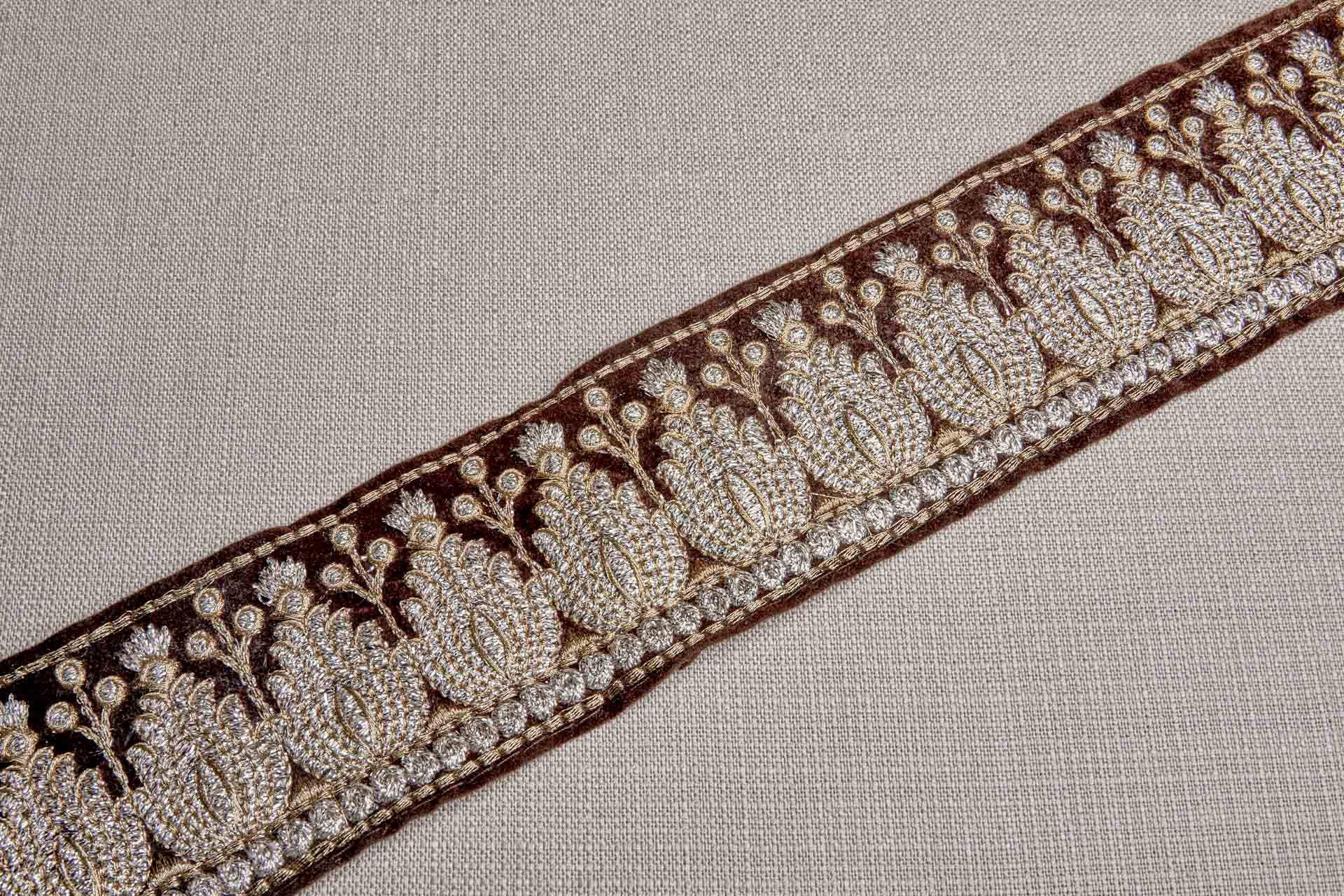 Pale Gold with Antique Gold Embroidery Trim on Brown Velvet, image 5 of 8