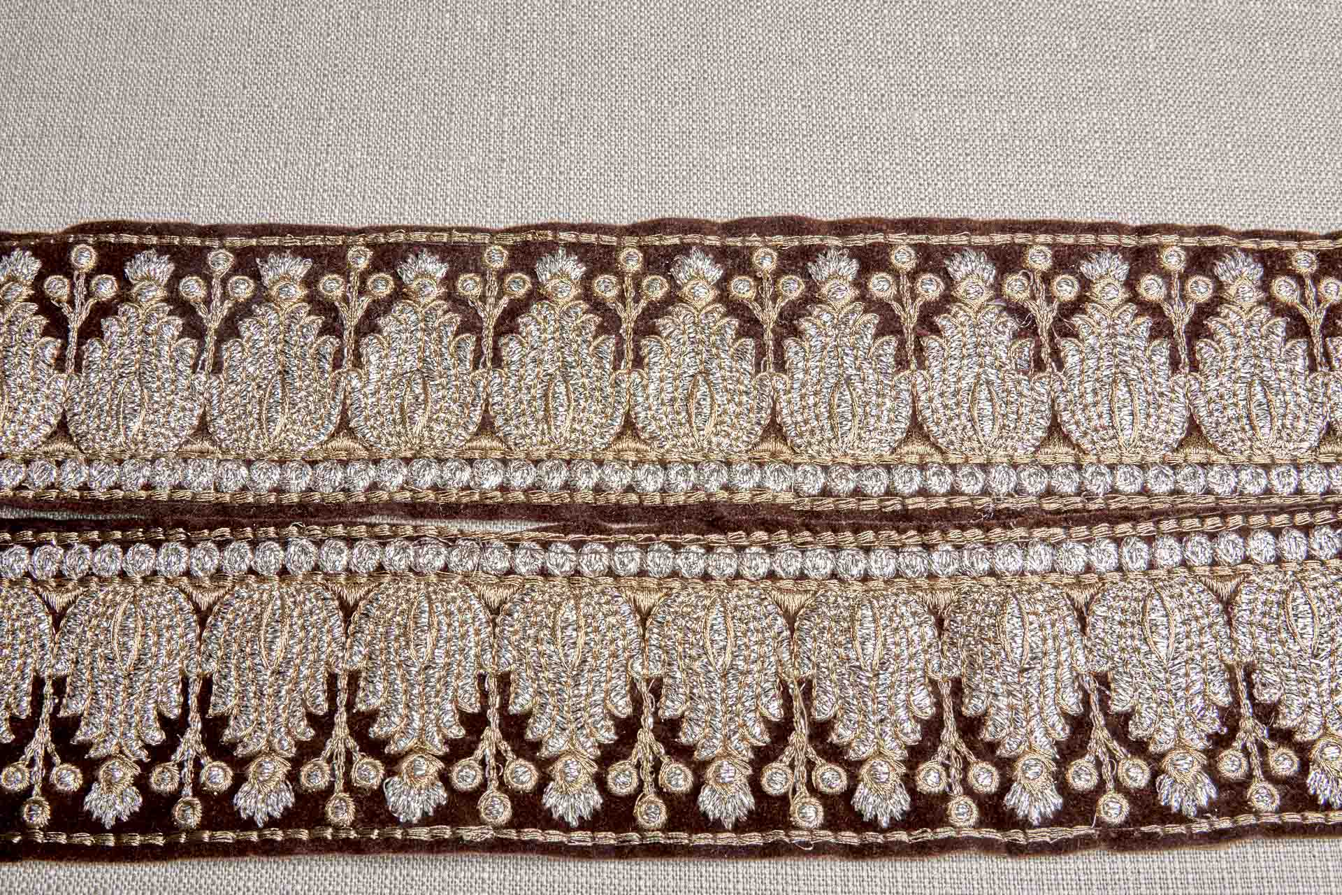 Pale Gold with Antique Gold Embroidery Trim on Brown Velvet, image 6 of 8