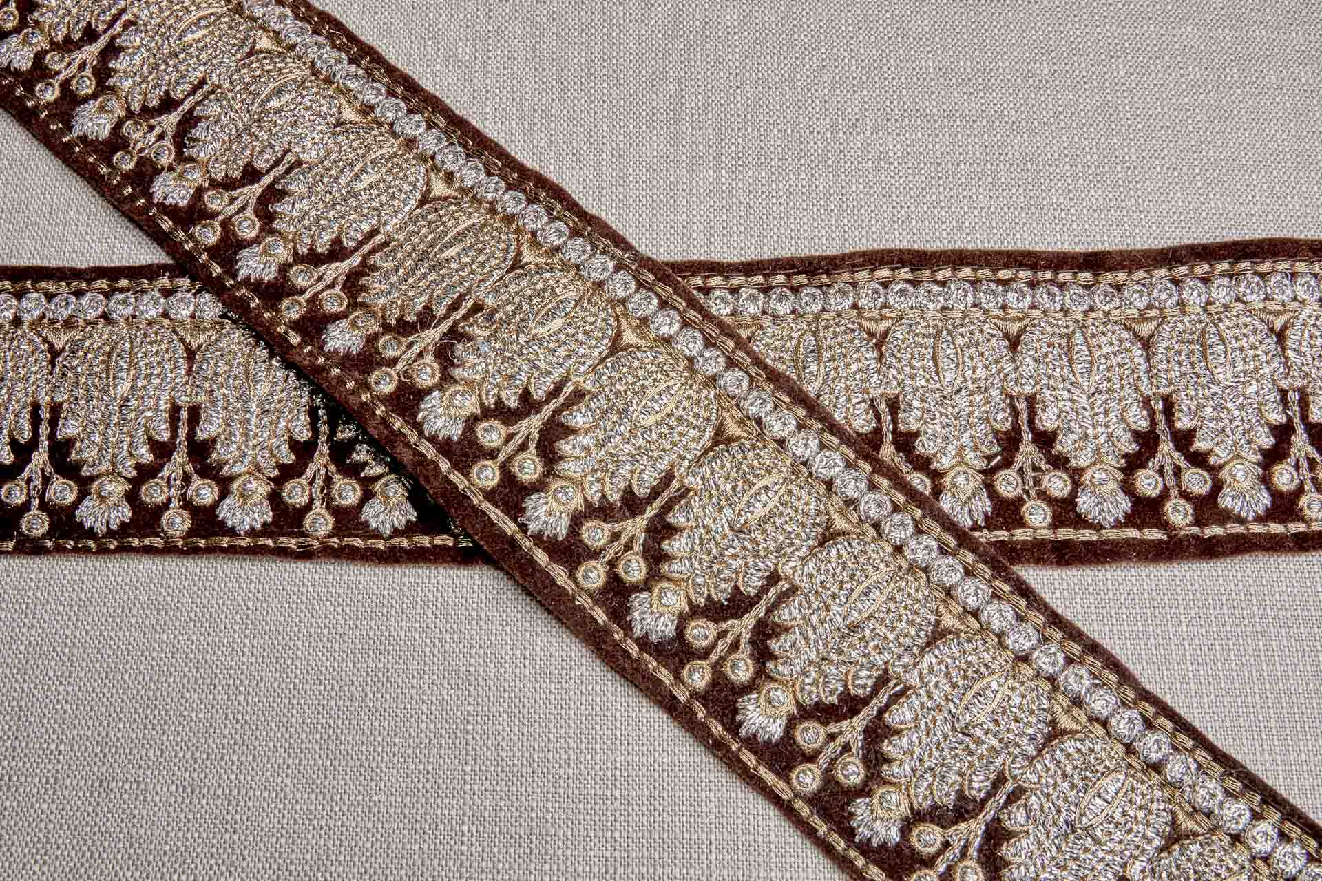 Pale Gold with Antique Gold Embroidery Trim on Brown Velvet