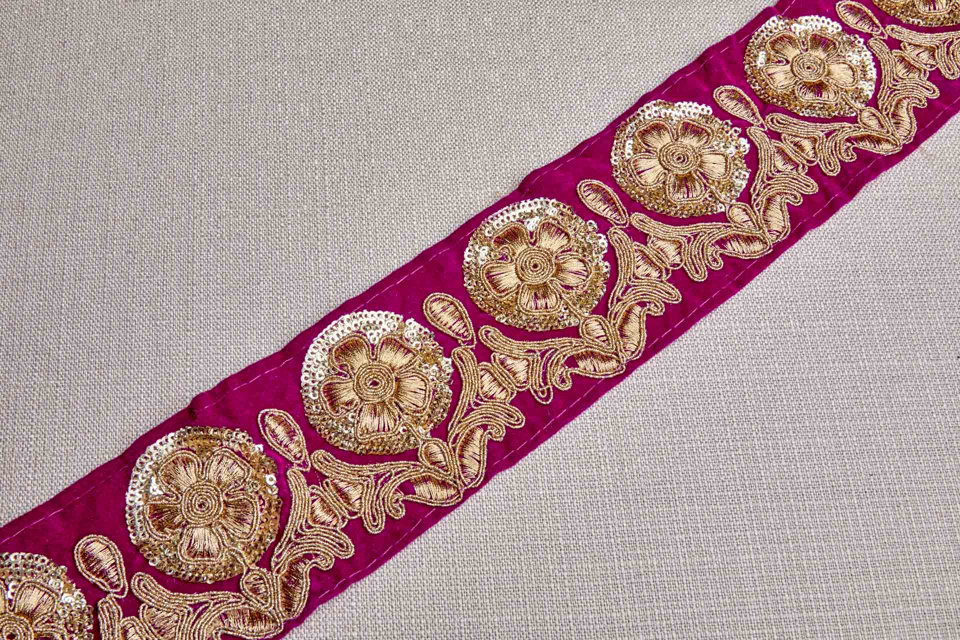Flower Embroidery Trim - Gold on Pink Velvet, image 5 of 8