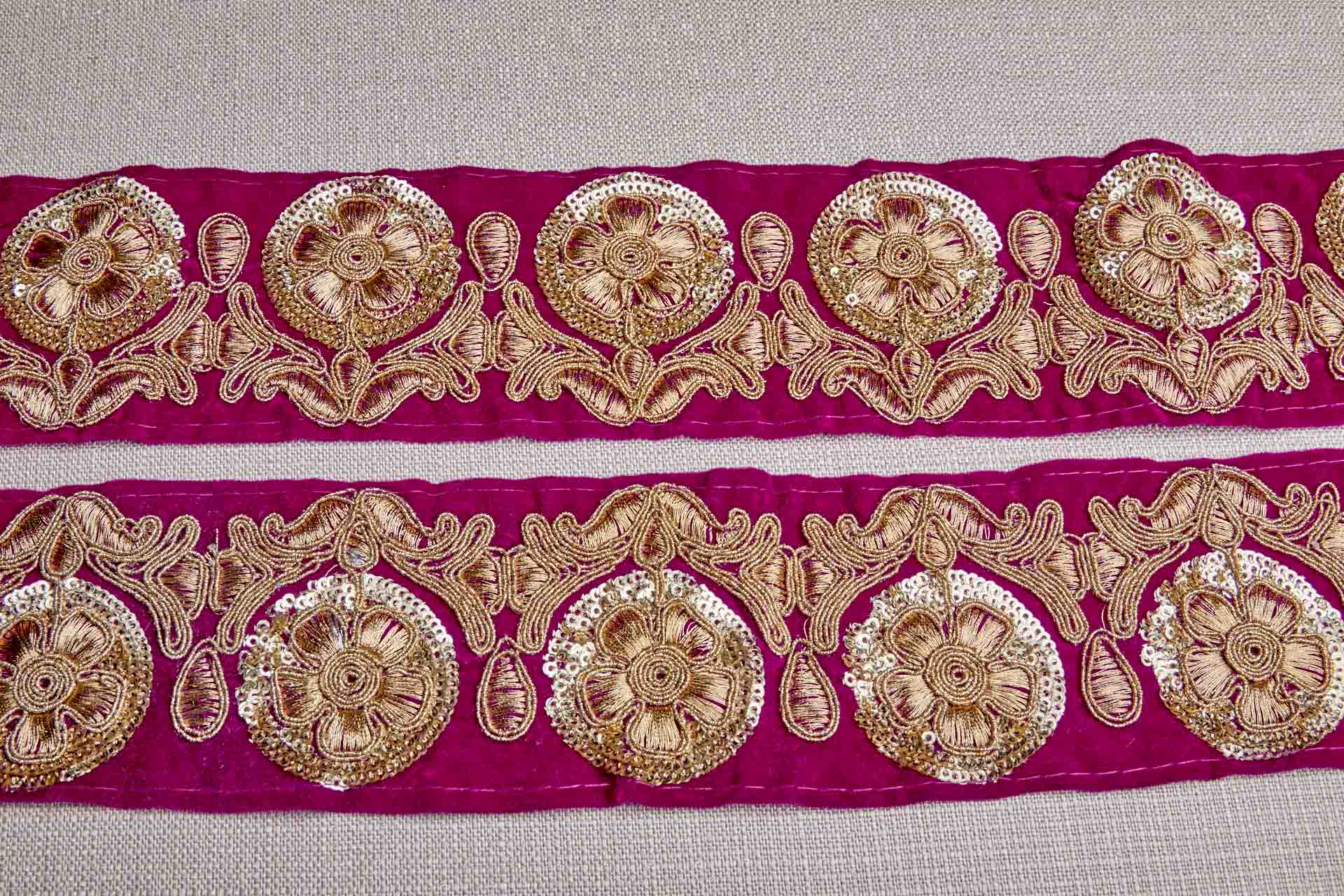 Flower Embroidery Trim - Gold on Pink Velvet, image 6 of 8