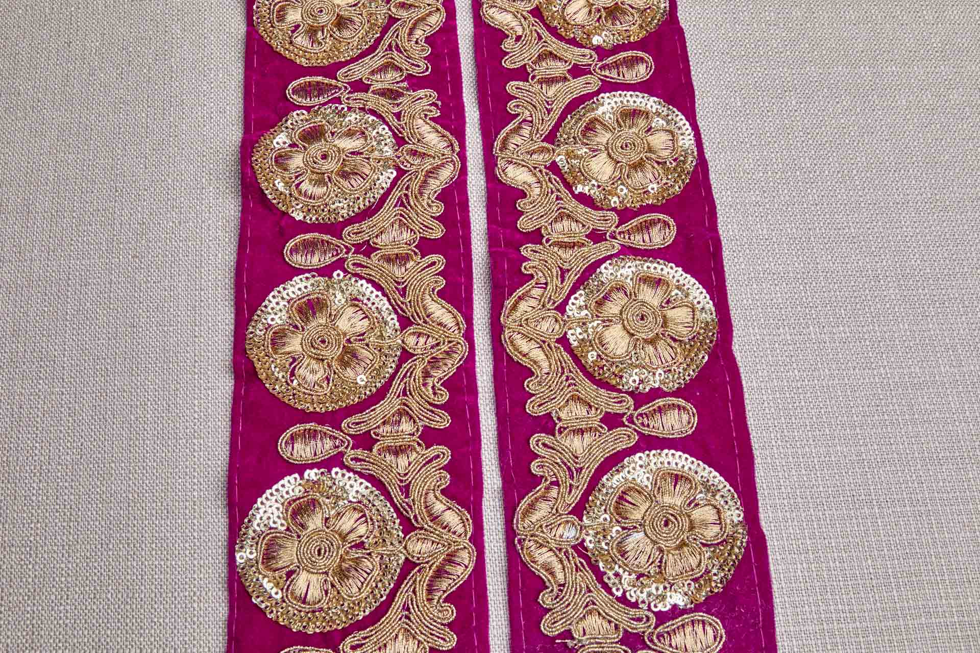 Flower Embroidery Trim - Gold on Pink Velvet, image 7 of 8