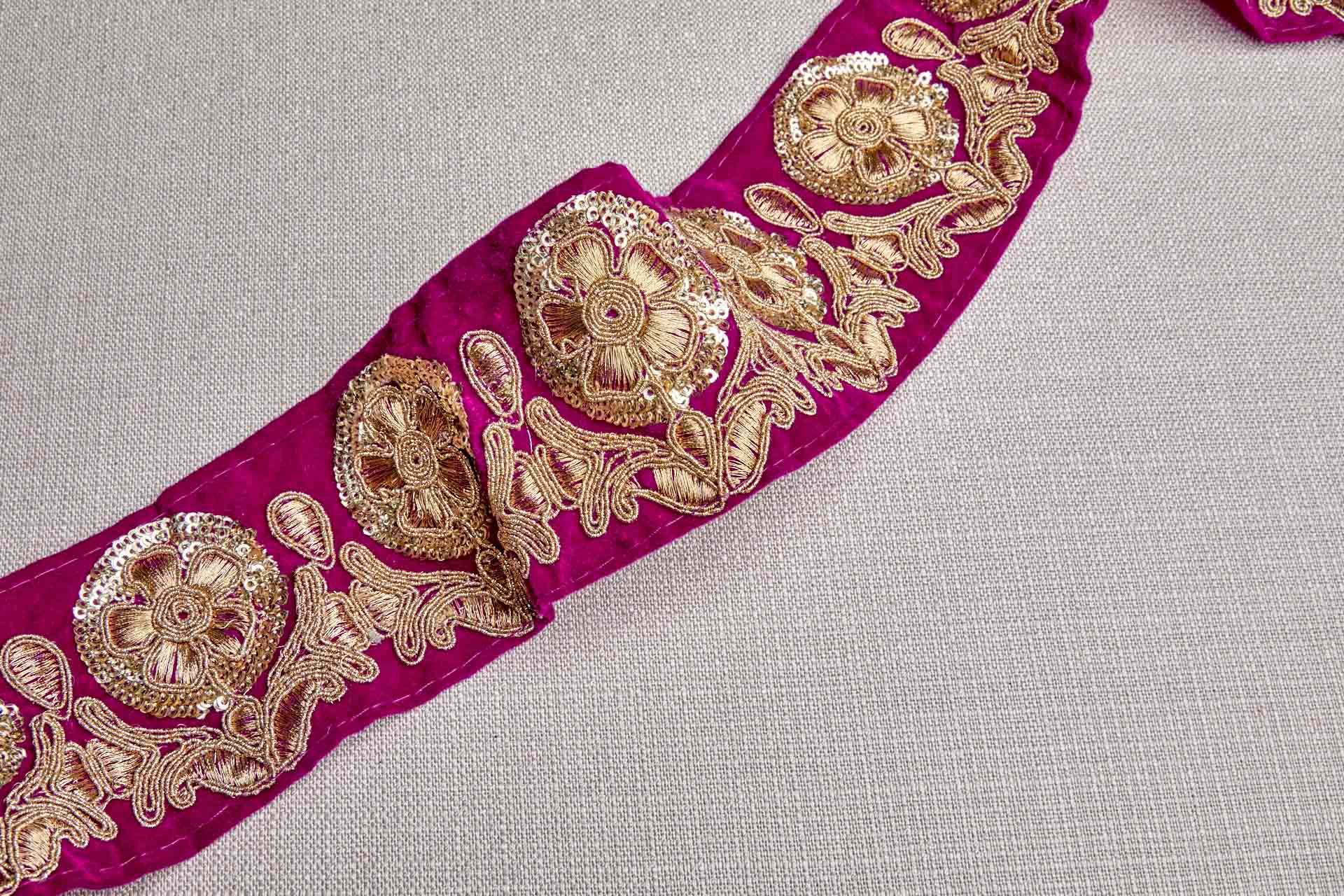 Flower Embroidery Trim - Gold on Pink Velvet, image 8 of 8