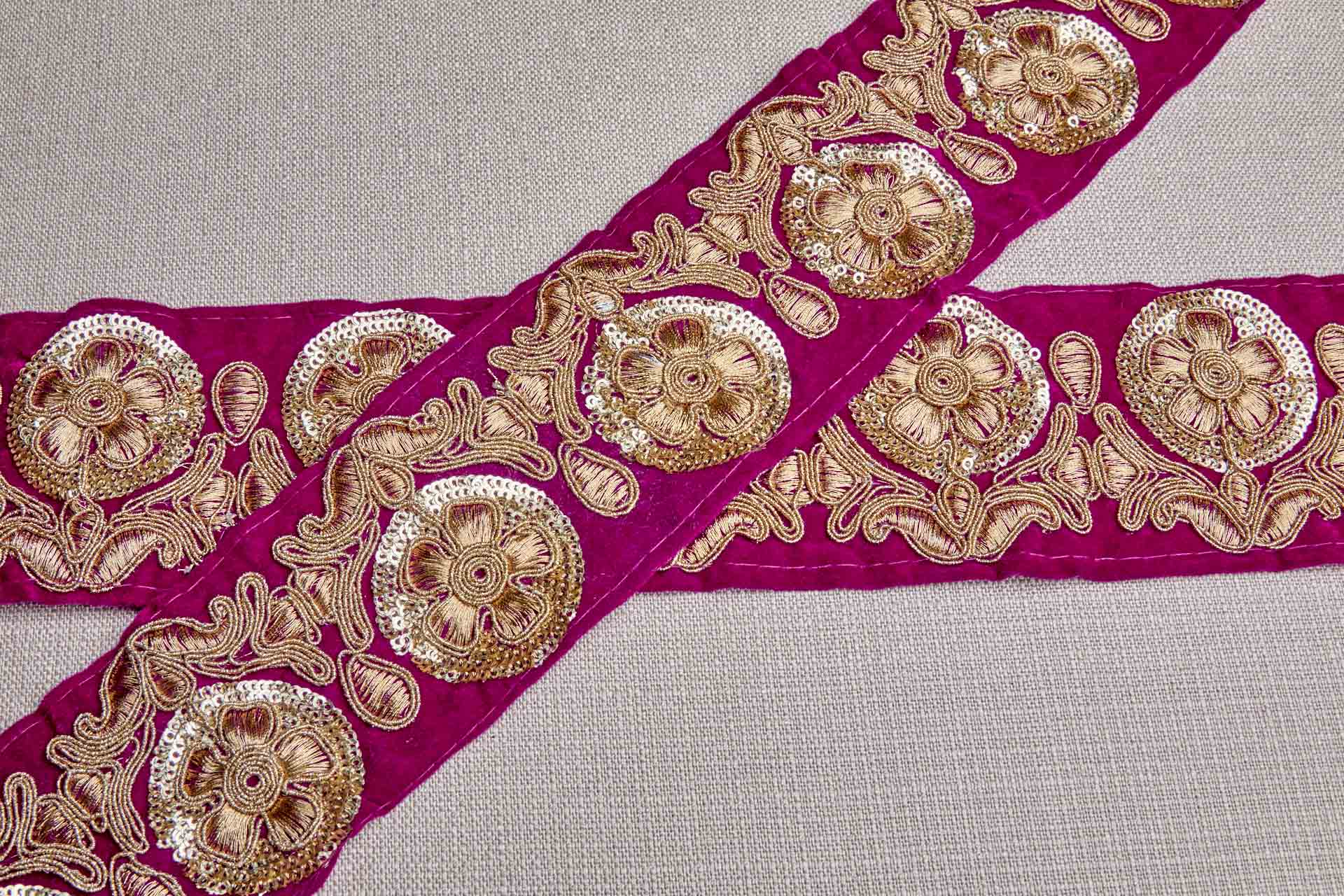 Flower Embroidery Trim - Gold on Pink Velvet