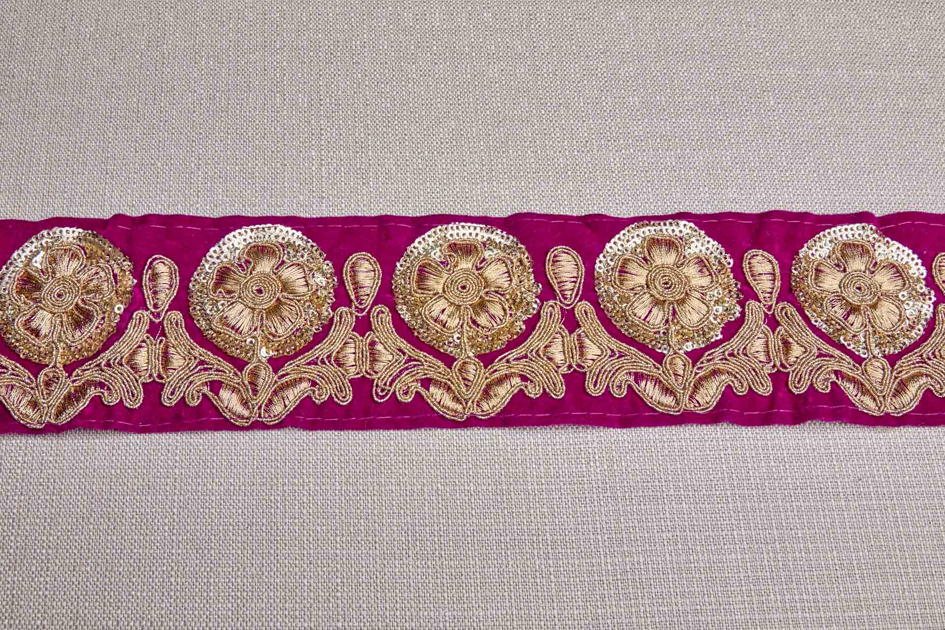 Flower Embroidery Trim - Gold on Pink Velvet, image 2 of 8