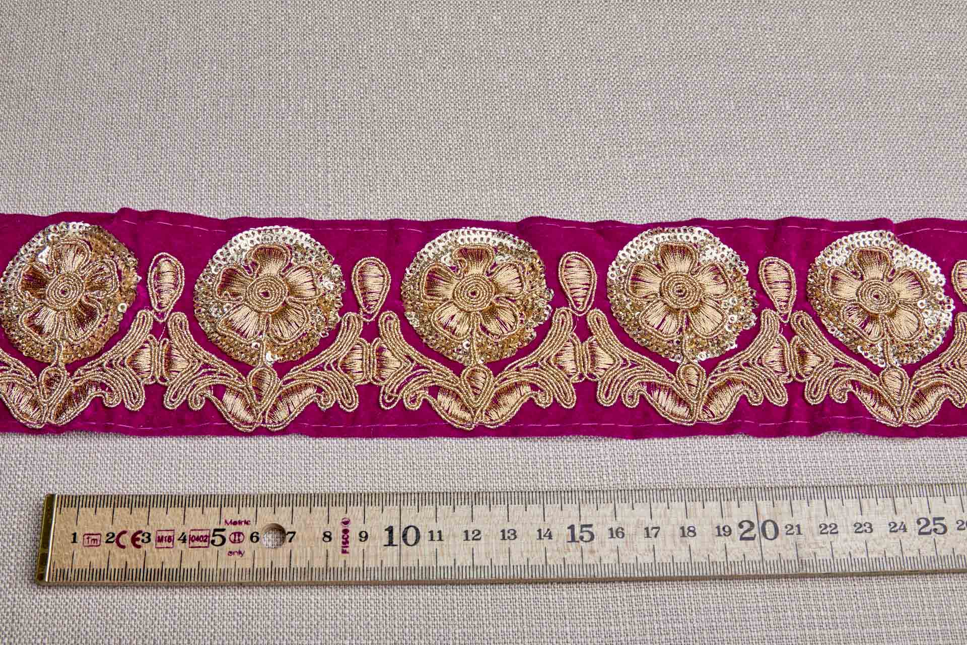 Flower Embroidery Trim - Gold on Pink Velvet, image 3 of 8