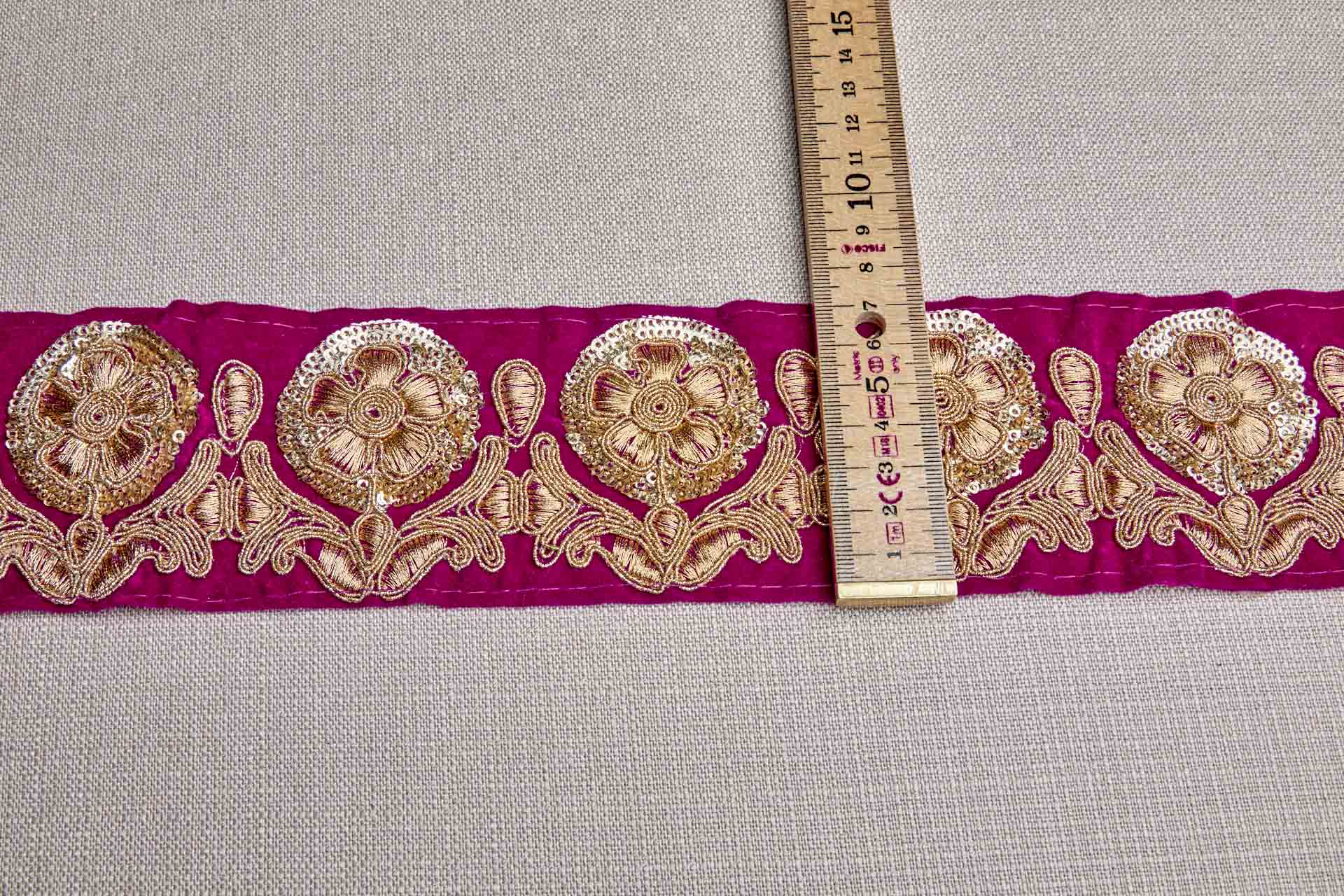 Flower Embroidery Trim - Gold on Pink Velvet, image 4 of 8