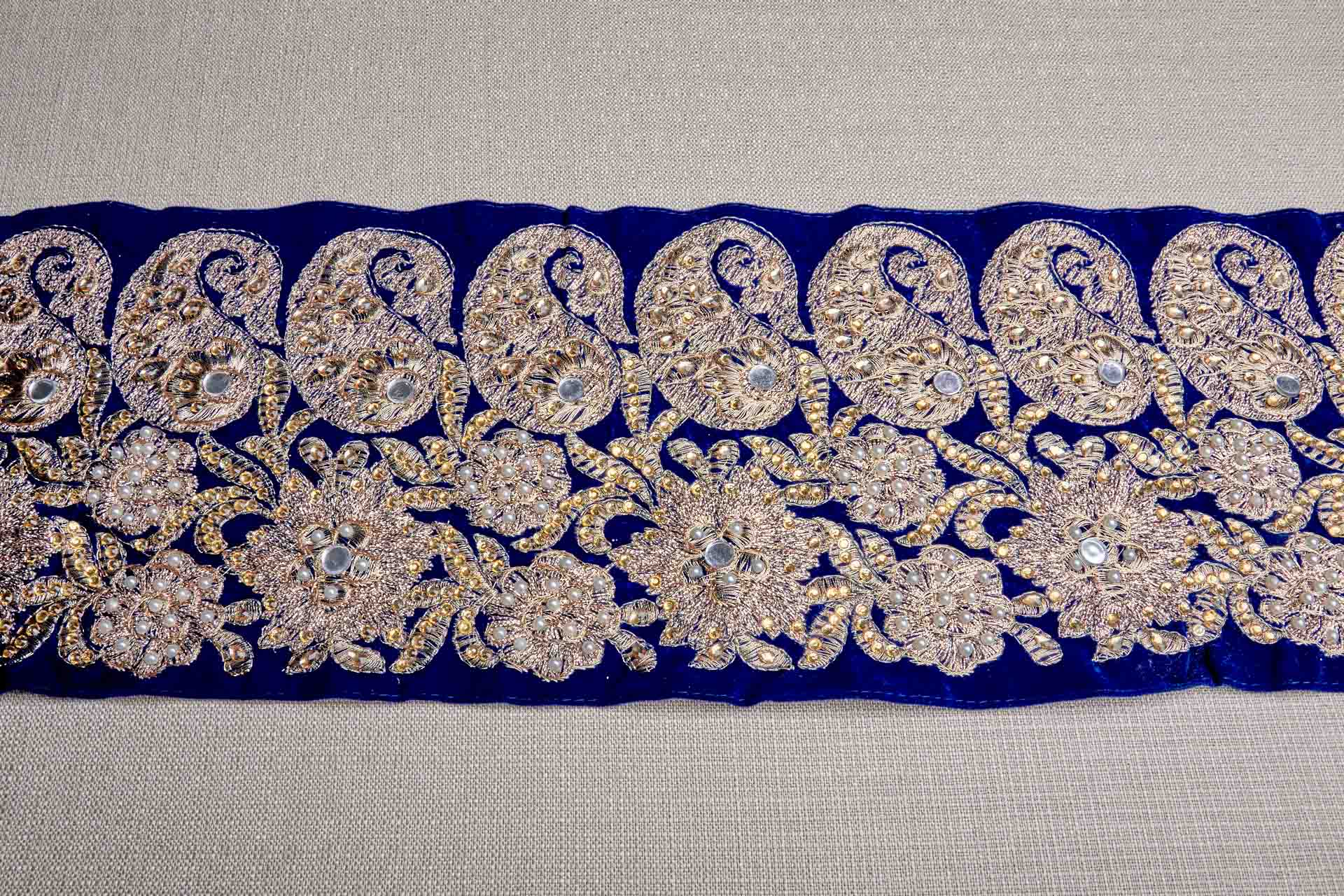 Gold Thread and Crystals Embroidered Wide Trim on Blue Velvet, image 2 of 6