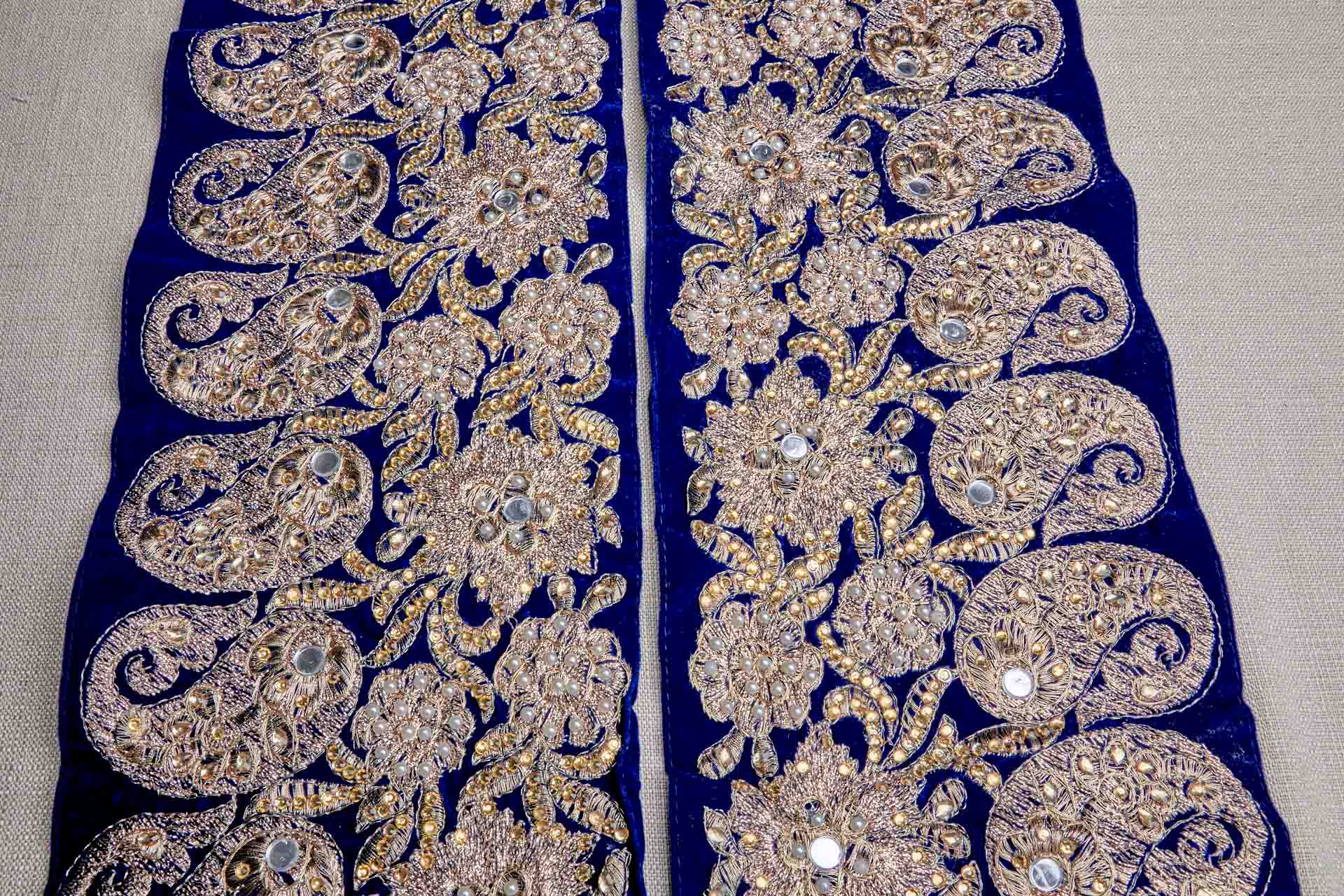 Gold Thread and Crystals Embroidered Wide Trim on Blue Velvet, image 5 of 6