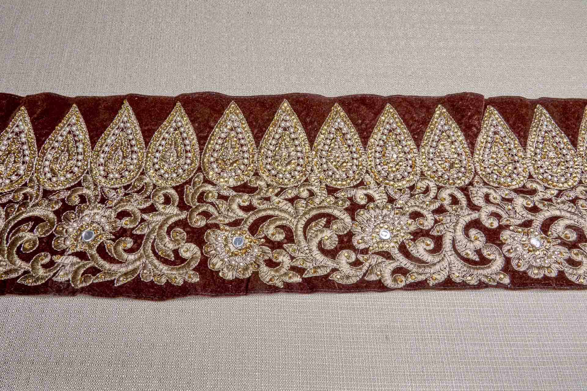 Gold Thread and Crystals Embroidered Wide Trim on Brown Velvet, image 2 of 6