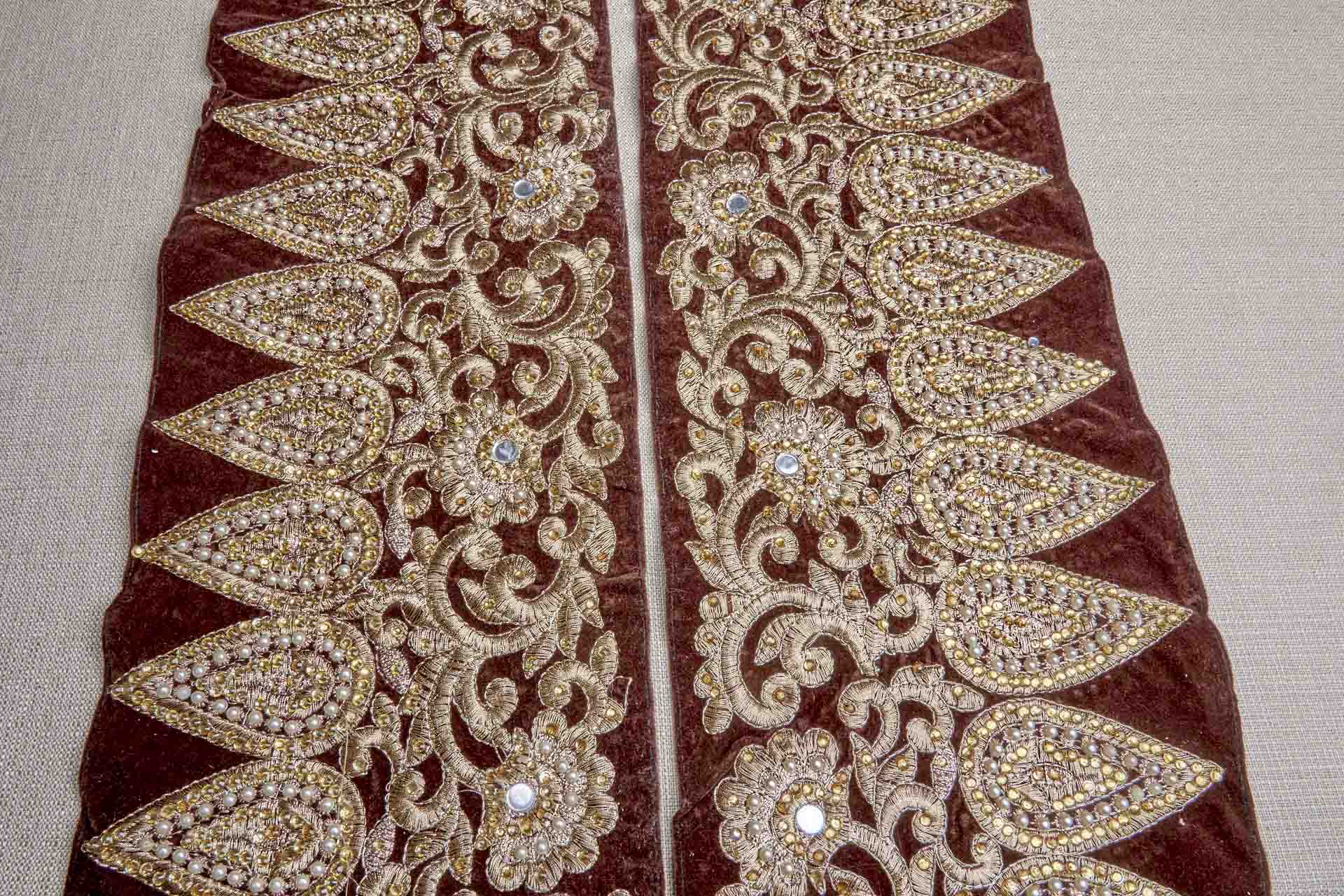 Gold Thread and Crystals Embroidered Wide Trim on Brown Velvet, image 5 of 6