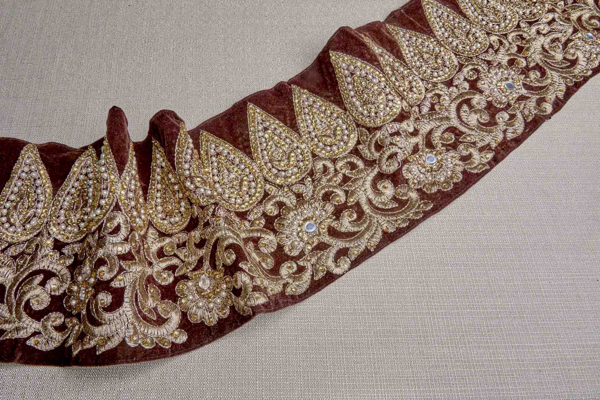 Gold Thread and Crystals Embroidered Wide Trim on Brown Velvet