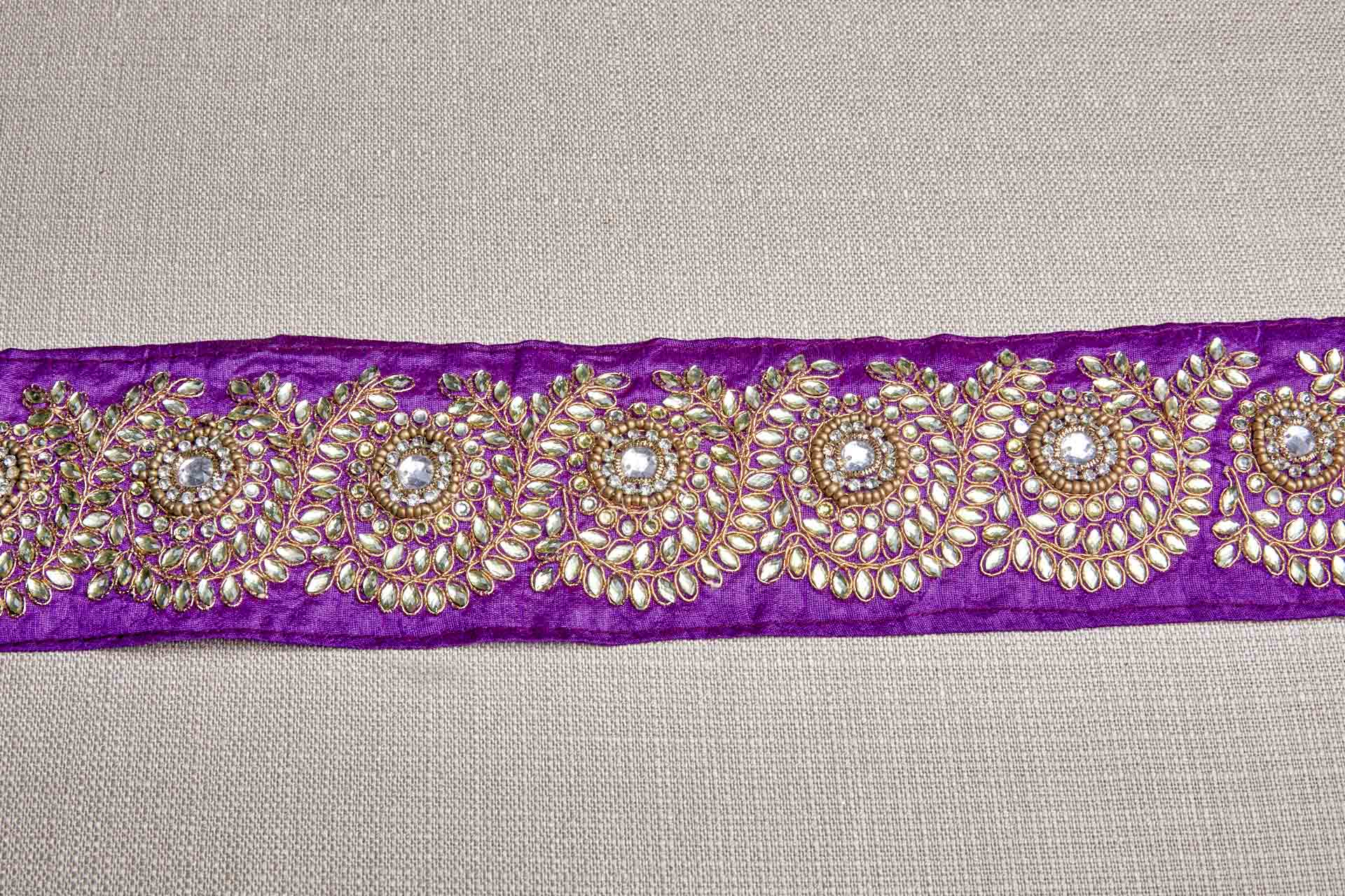 Pale Gold Crystals Sari Trim on Purple Ribbon, image 8 of 8