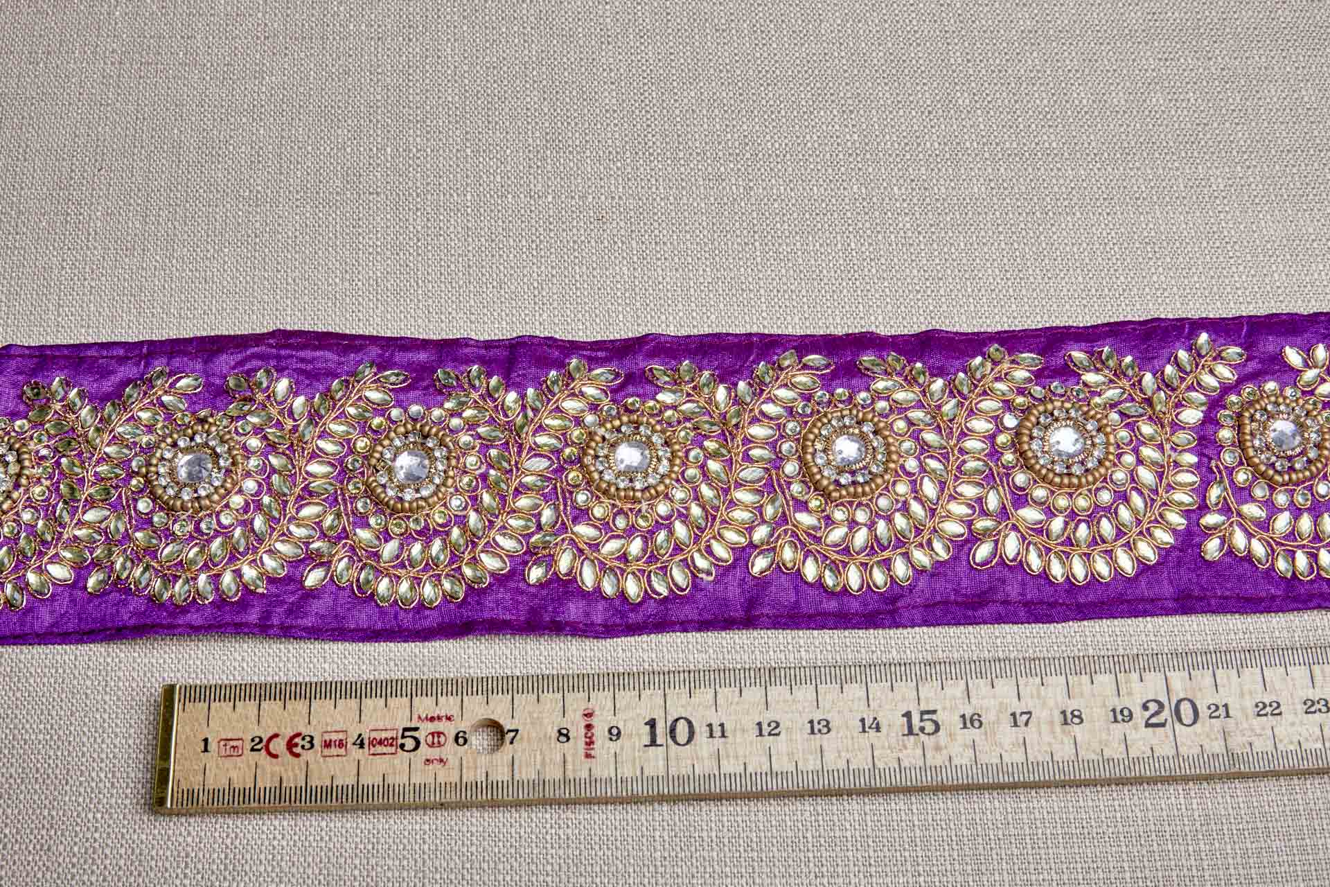 Pale Gold Crystals Sari Trim on Purple Ribbon, image 2 of 8