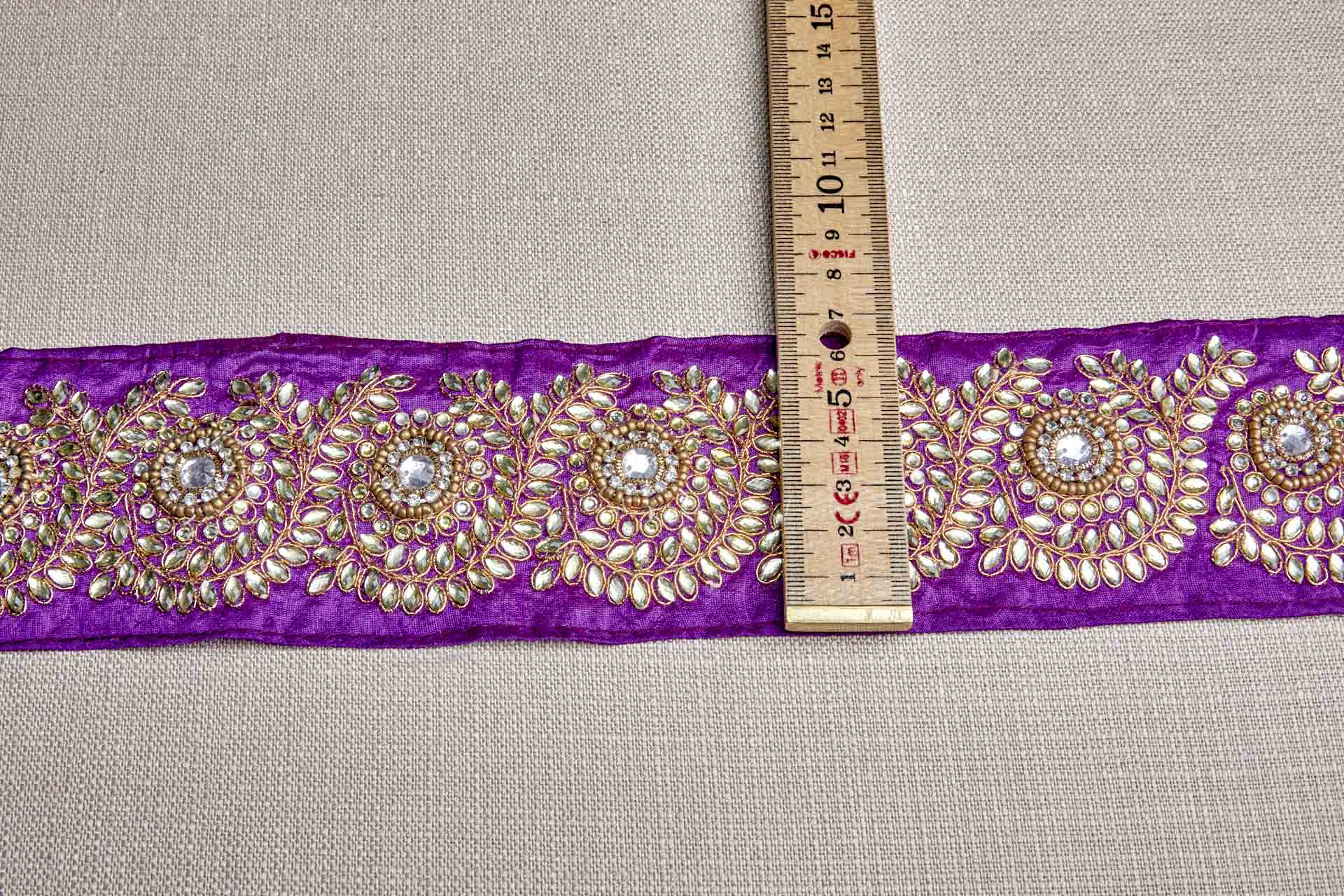 Pale Gold Crystals Sari Trim on Purple Ribbon, image 3 of 8