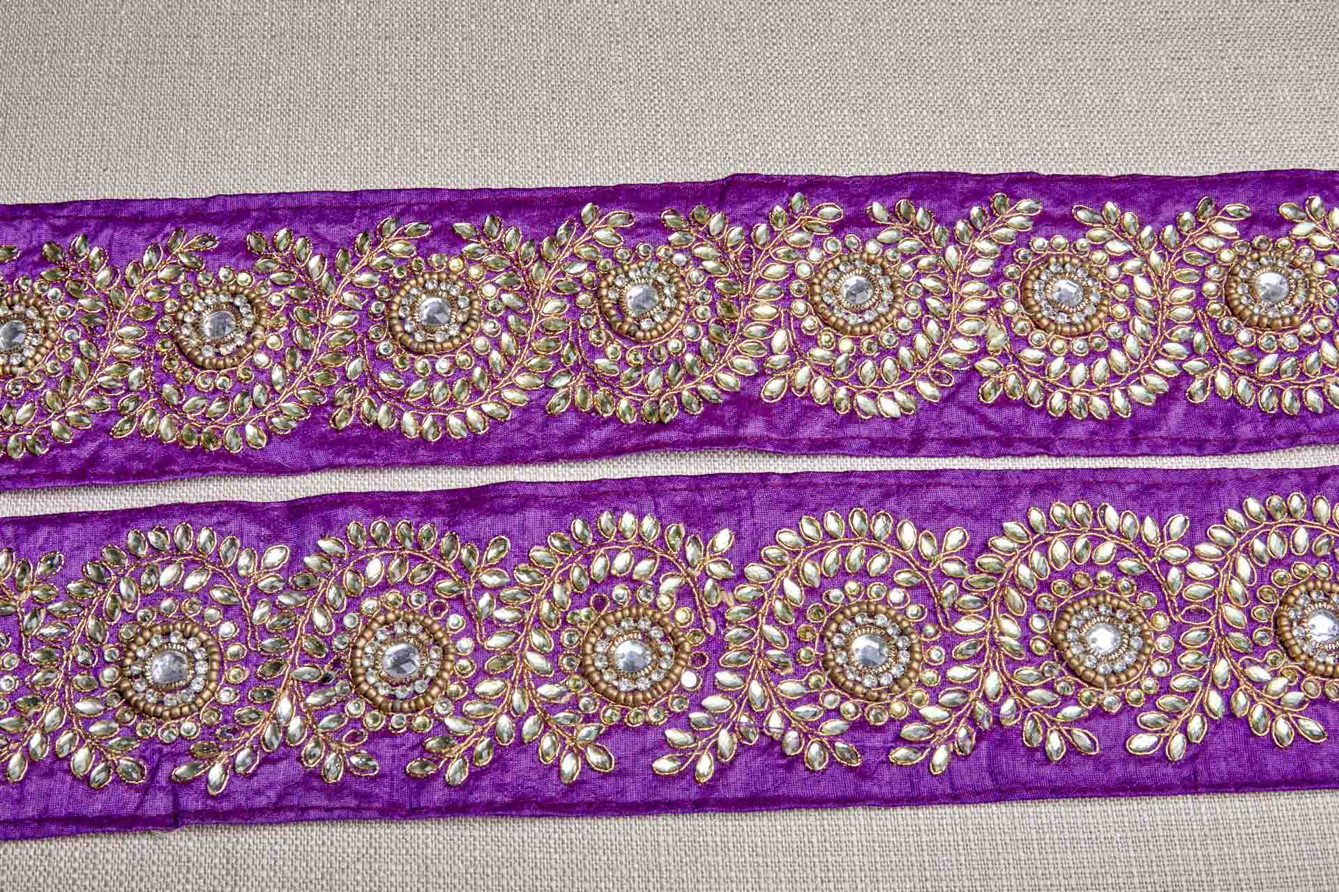 Pale Gold Crystals Sari Trim on Purple Ribbon, image 4 of 8