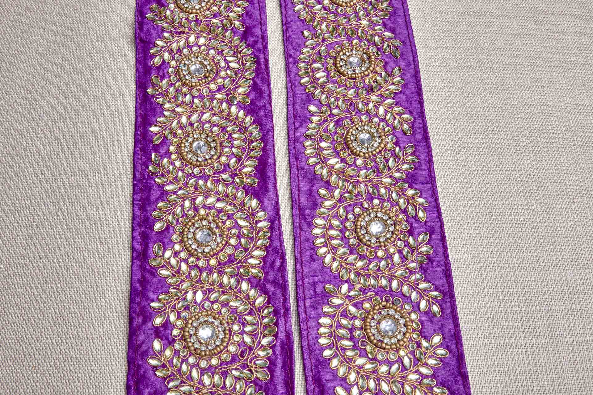 Pale Gold Crystals Sari Trim on Purple Ribbon, image 5 of 8