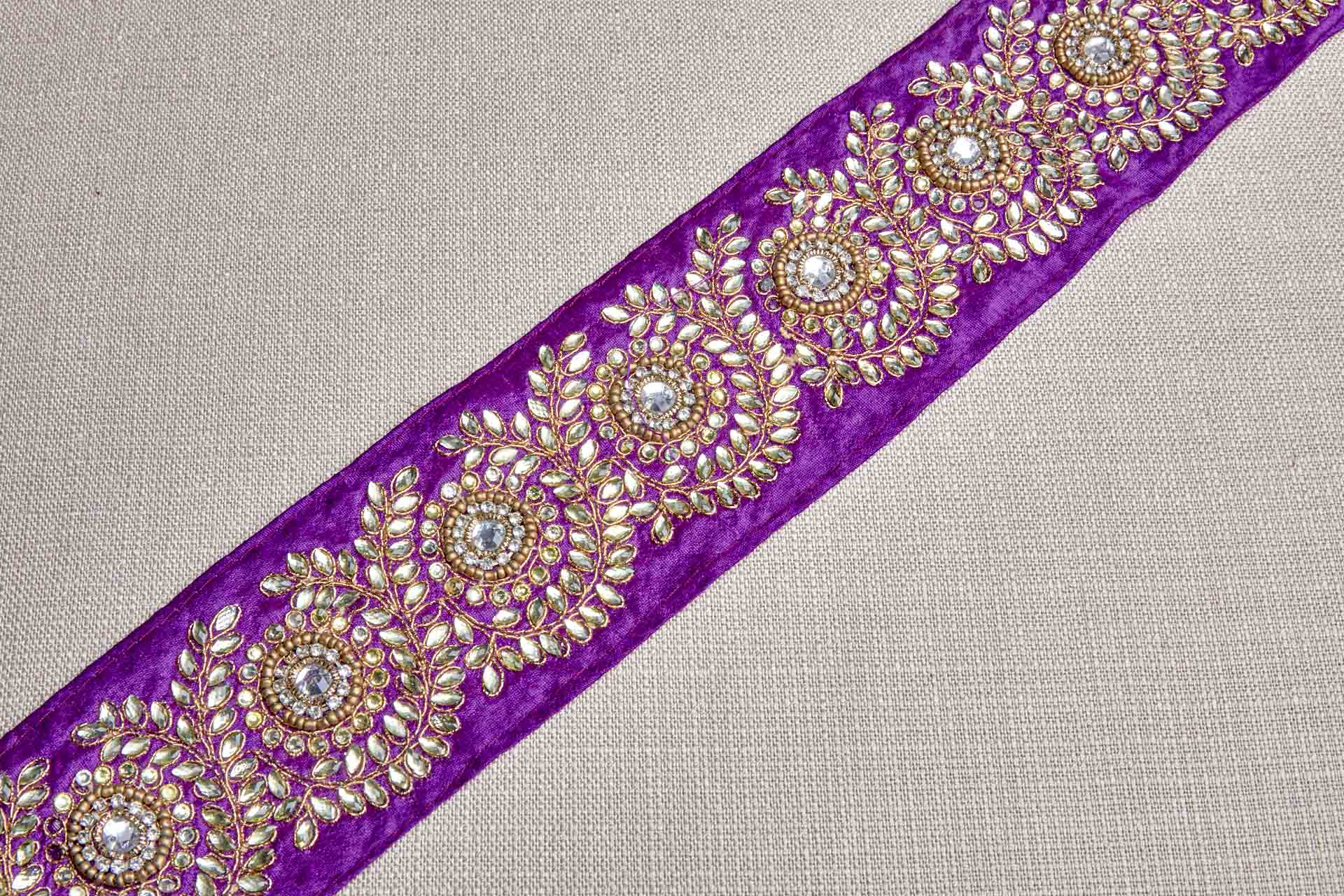 Pale Gold Crystals Sari Trim on Purple Ribbon, image 6 of 8