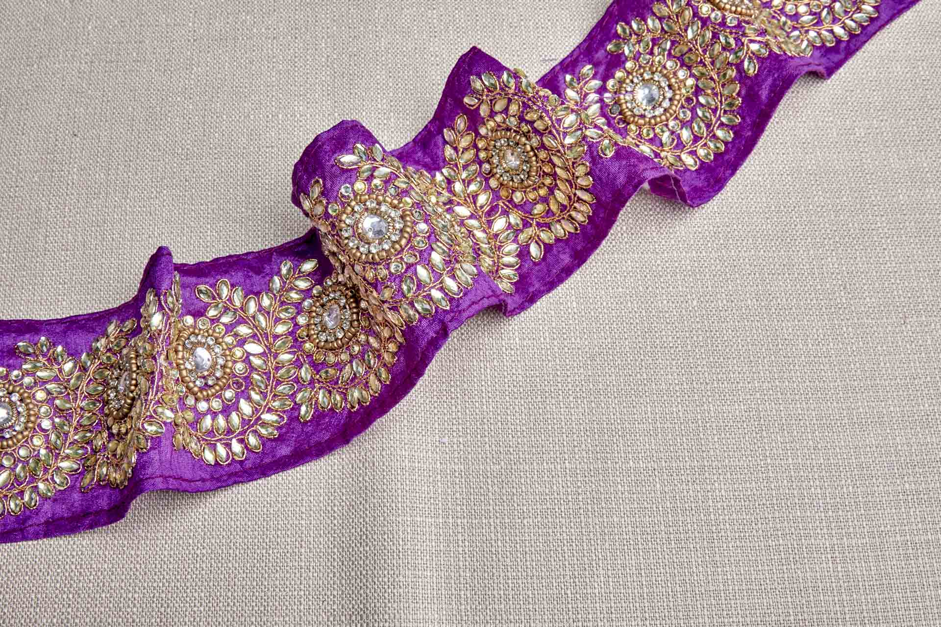 Pale Gold Crystals Sari Trim on Purple Ribbon, image 7 of 8