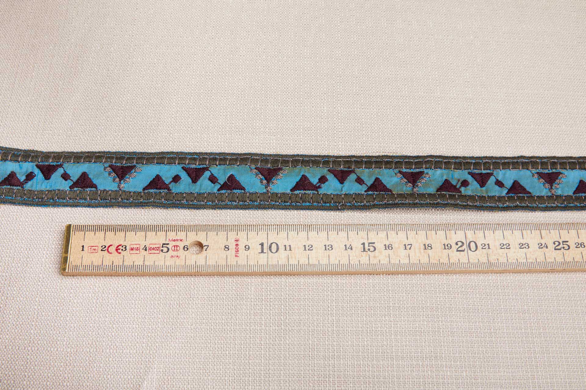 Geometric Embroidery on Silk Dupion Ribbon - Maroon & Olive on Cerulean Blue trim, image 2 of 5