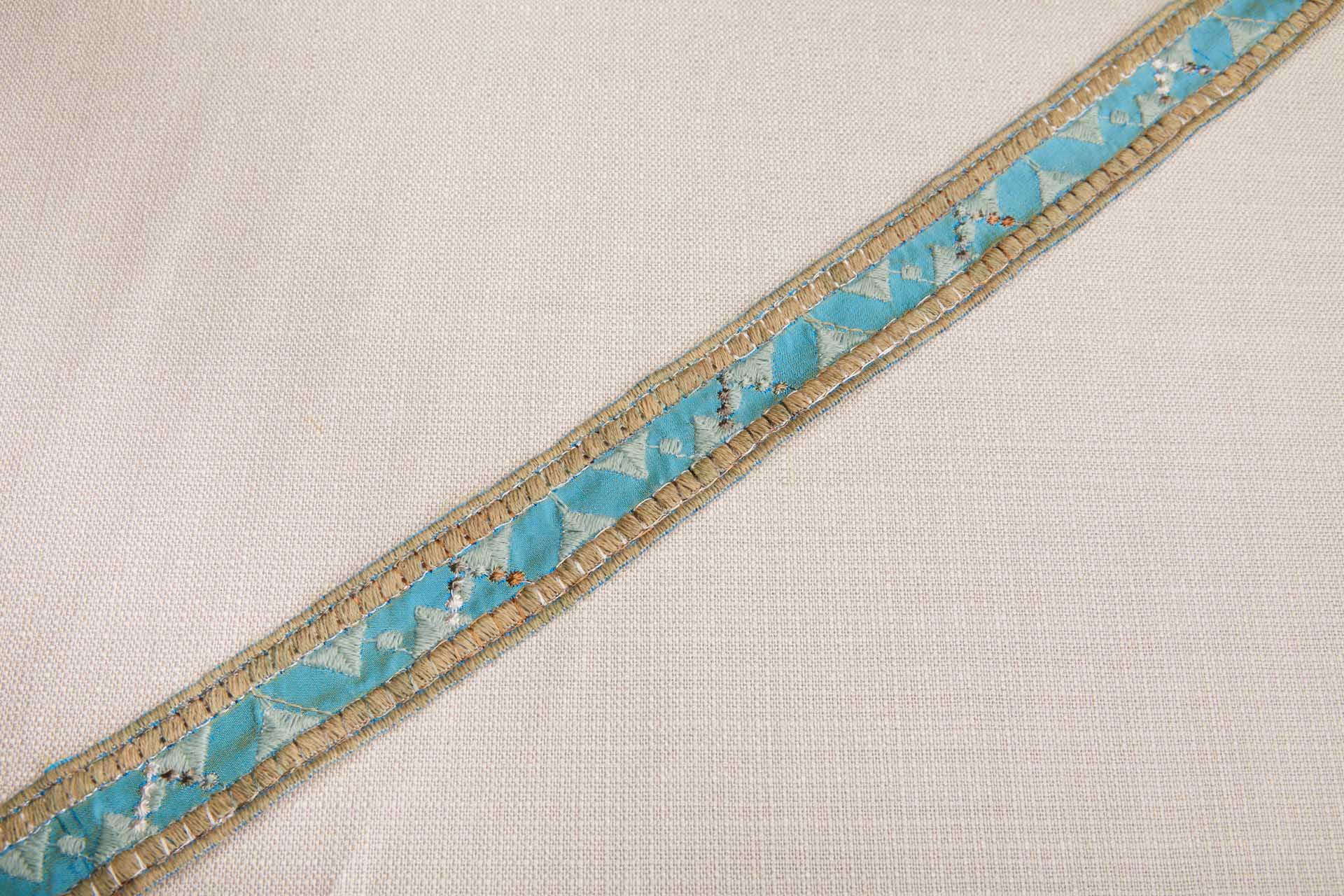 Geometric Embroidery on Silk Dupion Ribbon - Sage & Sandy Gold on Cerulean Blue trim, image 6 of 6