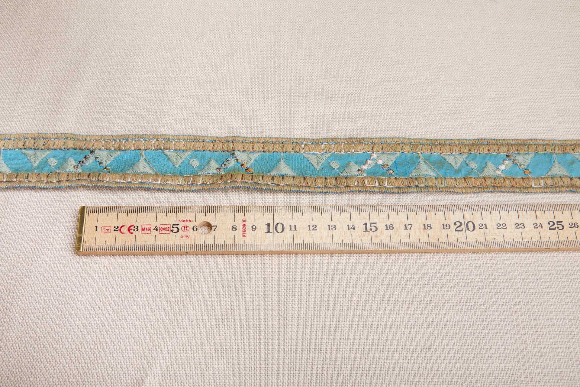 Geometric Embroidery on Silk Dupion Ribbon - Sage & Sandy Gold on Cerulean Blue trim, image 2 of 6