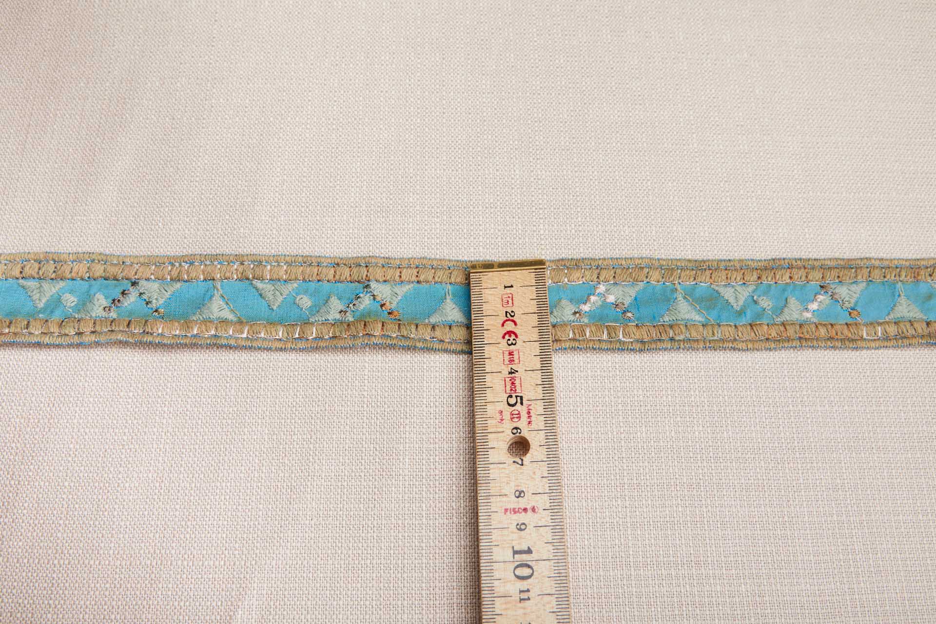 Geometric Embroidery on Silk Dupion Ribbon - Sage & Sandy Gold on Cerulean Blue trim, image 3 of 6