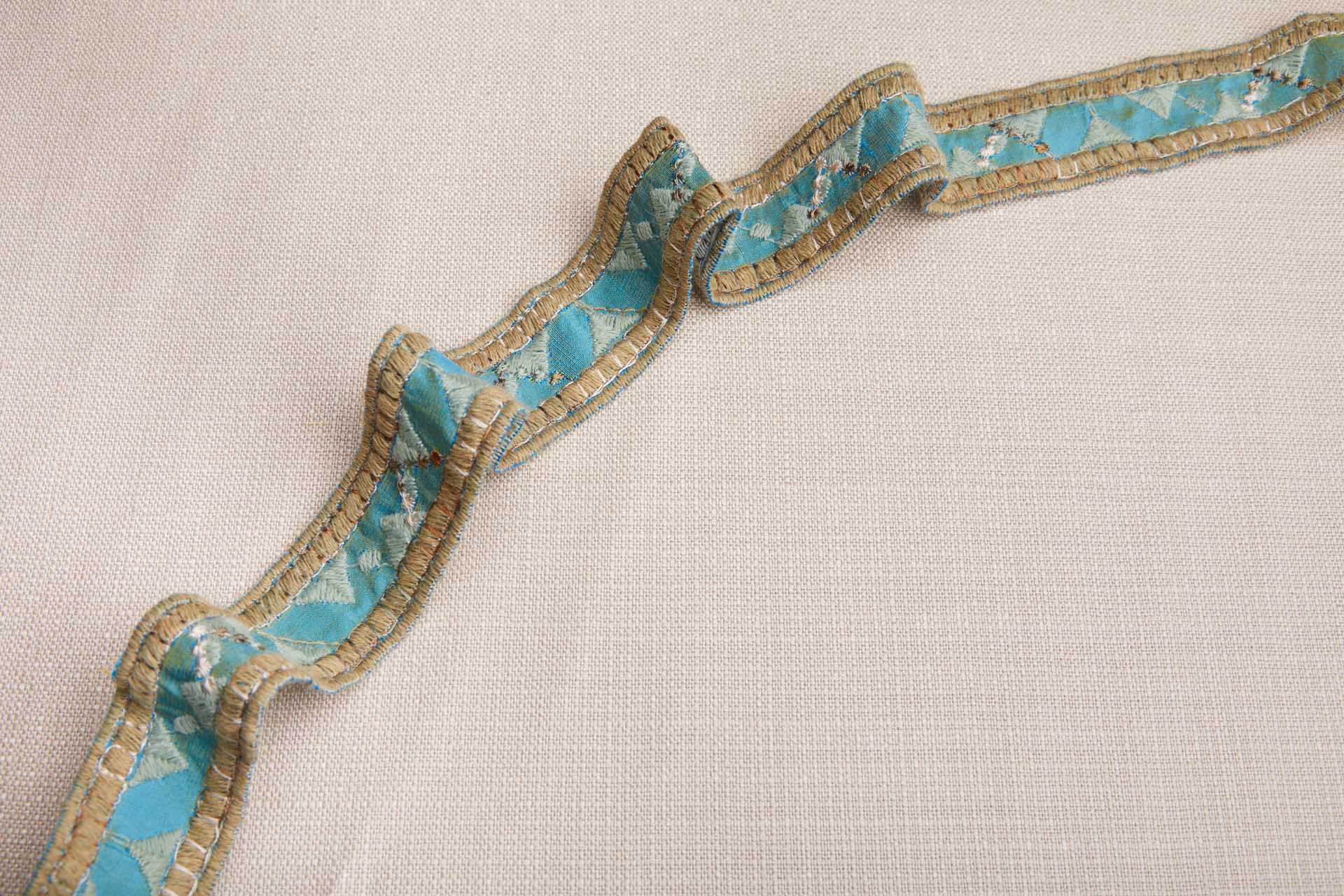 Geometric Embroidery on Silk Dupion Ribbon - Sage & Sandy Gold on Cerulean Blue trim