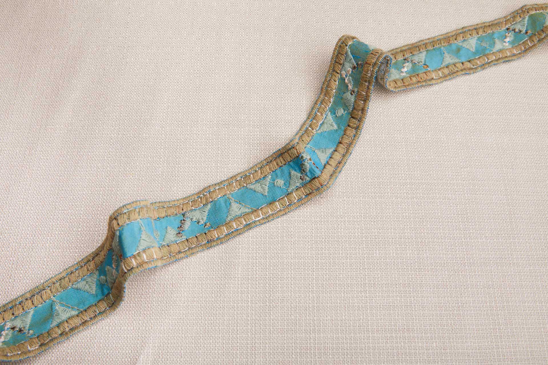Geometric Embroidery on Silk Dupion Ribbon - Sage & Sandy Gold on Cerulean Blue trim, image 4 of 6