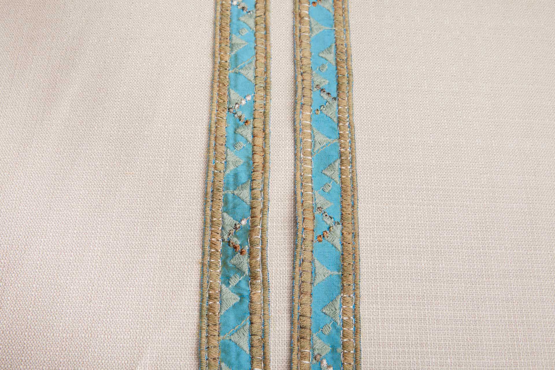 Geometric Embroidery on Silk Dupion Ribbon - Sage & Sandy Gold on Cerulean Blue trim, image 5 of 6