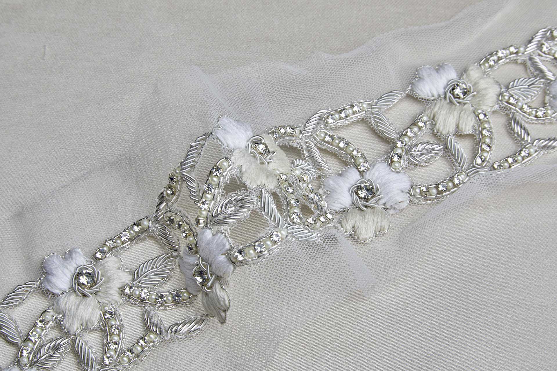 Floral Embroidered Cut-out Trim with Crystals, Beads, Metal Work and Pearls - Ivory/Cream, image 4 of 4
