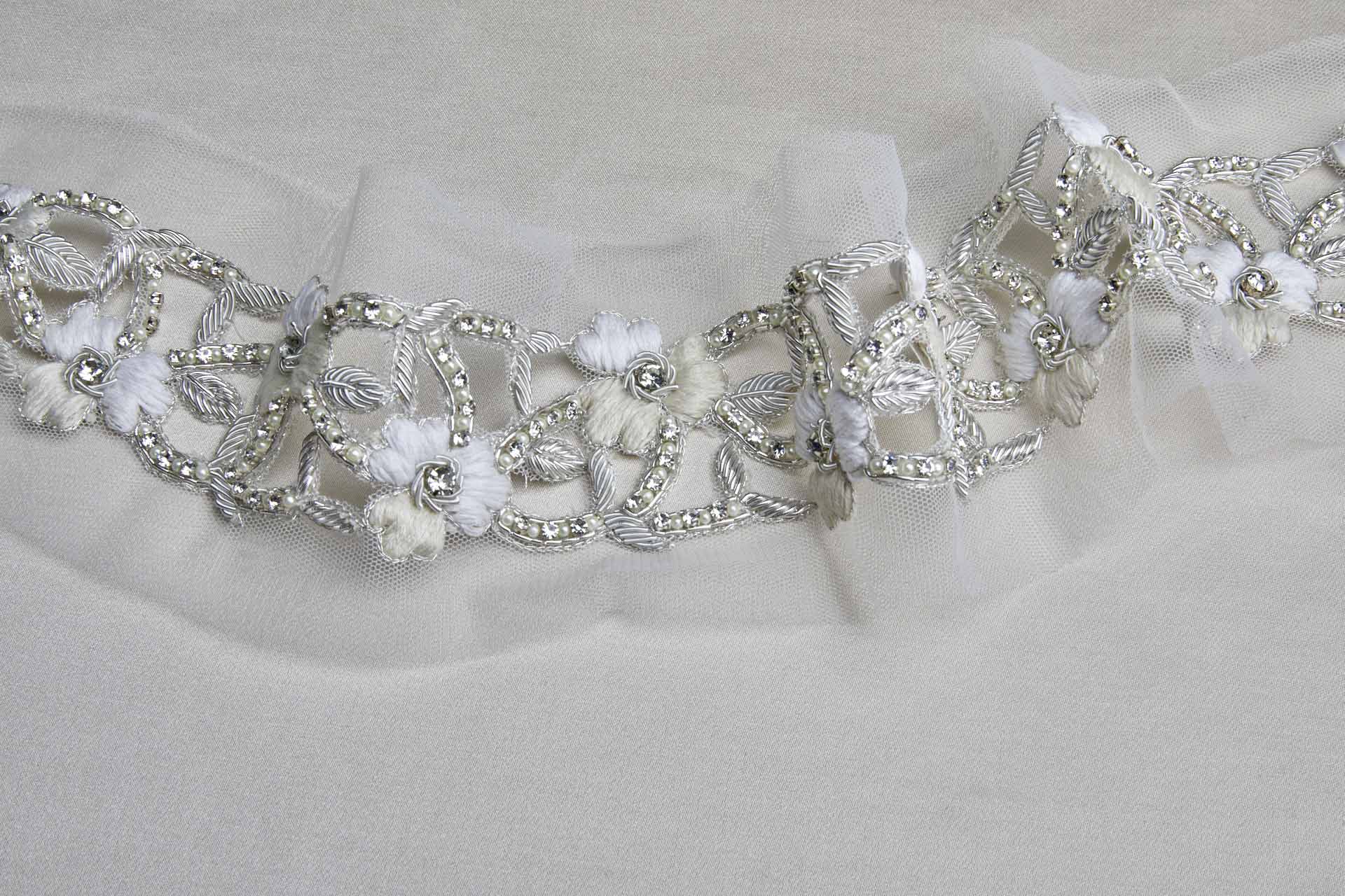 Floral Embroidered Cut-out Trim with Crystals, Beads, Metal Work and Pearls - Ivory/Cream, image 2 of 4