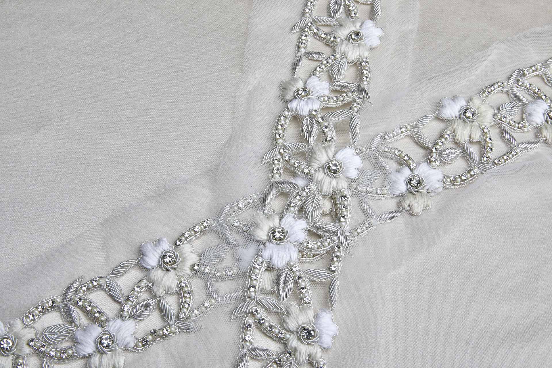 Floral Embroidered Cut-out Trim with Crystals, Beads, Metal Work and Pearls - Ivory/Cream, image 3 of 4