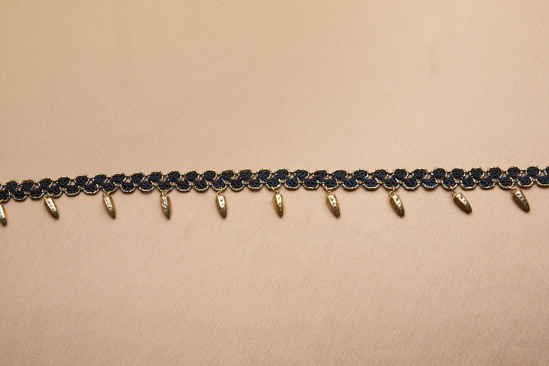 Passamanerie Braid in Black and Gold Gimp Cord and Dangling Gold Chillies trim, image 2 of 5