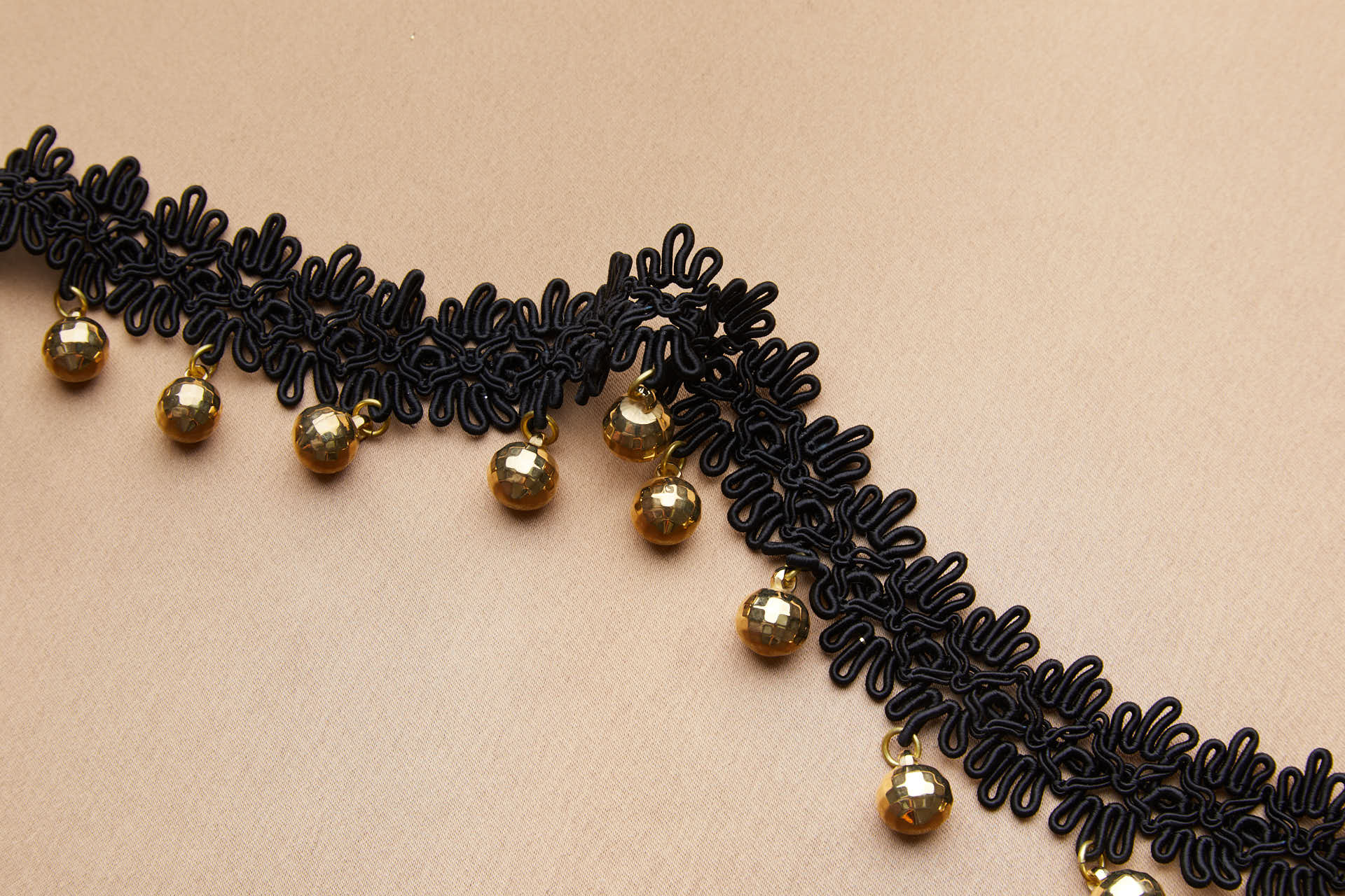 Passamanerie Braid in Black Gimp Cord with Dangling Faceted Ball Pendants trim