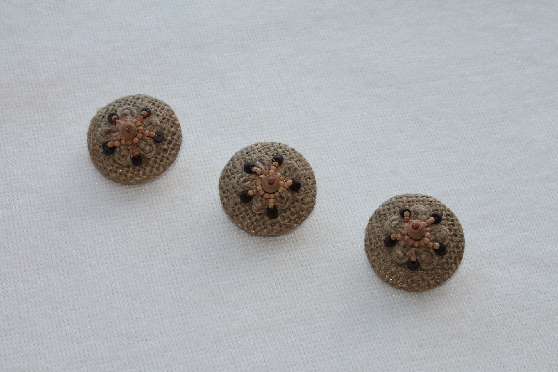 Set of 3 Vintage Beaded and Embroidered Hessian Covered Buttons - 3.2cm