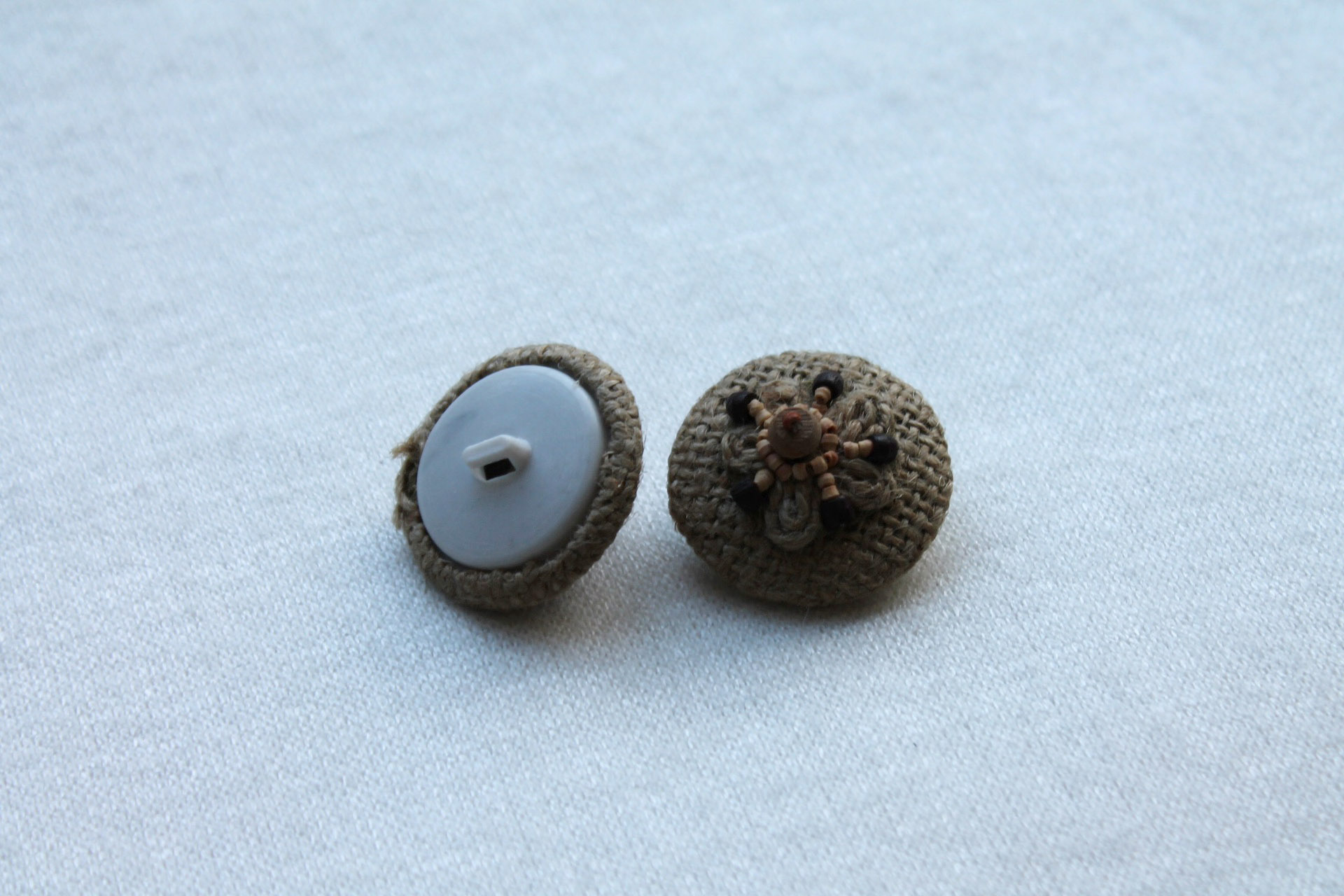 Set of 3 Vintage Beaded and Embroidered Hessian Covered Buttons - 3.2cm, image 2 of 3