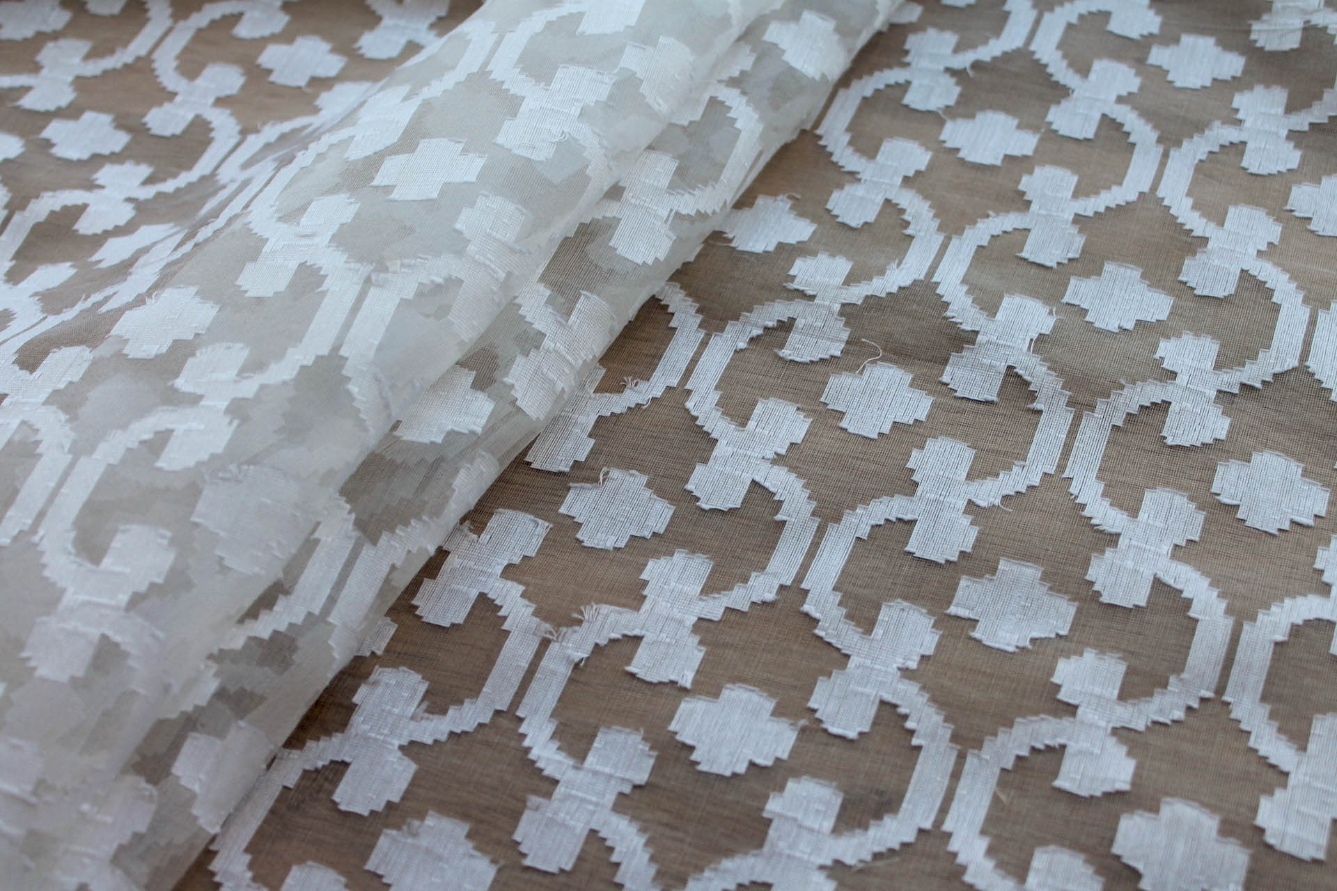 Vintage Geometric Jacquarded Silk Organza - Ivory fabric
